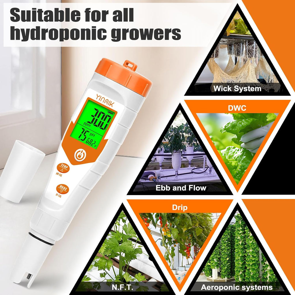 pH Meter for Hydroponics, 4 in 1 PPM EC Meter for Plant Nutrients | Simultaneous Measurement of pH Conductivity TDS
