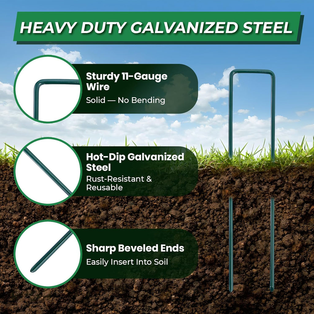 50Pcs Garden Staples +50Pcs Gasket +Pick Hook +Rubber Mallet, 6 Inch Landscape Fabric Stakes Galvanized Weed Barrier