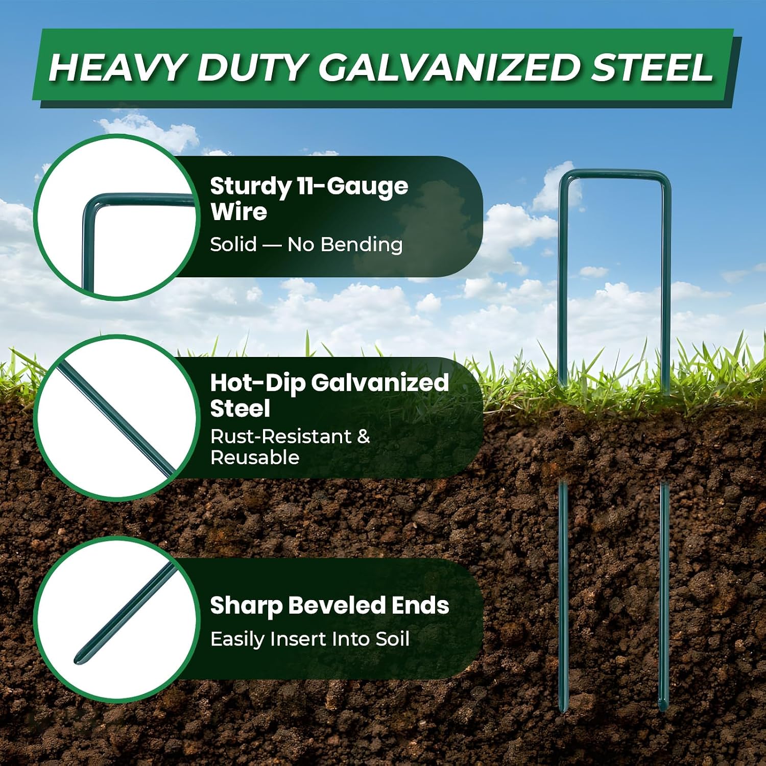 50Pcs Garden Staples +50Pcs Gasket +Pick Hook +Rubber Mallet, 6 Inch Landscape Fabric Stakes Galvanized Weed Barrier