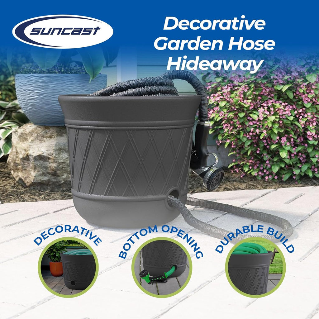 Suncast Lattice Hose Pot for Outdoor Garden Storage, Peppercorn - Holds 300 ft Expandable or 50 ft Standard 5/8" Vinyl