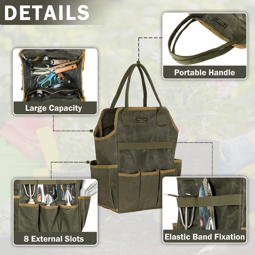 Tool Bag, Heavy Duty 16oz Waxed Canvas Garden Tool Tote - with 3 Inner Slots & 8 Outer Pockets, Multi-Purpose Gardening