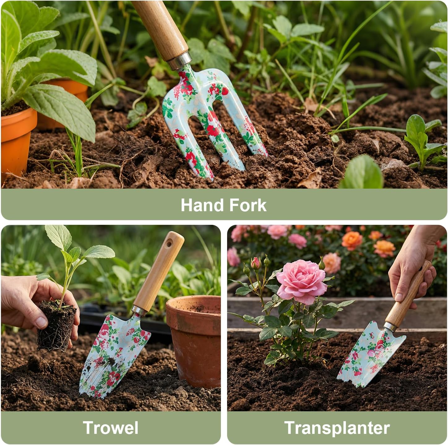 WANCHI Light Green Gardening Set, 10-Piece Garden Tool Kit with Trowel, Hoe, Shovel & Rake, Ideal Gardening Gift for