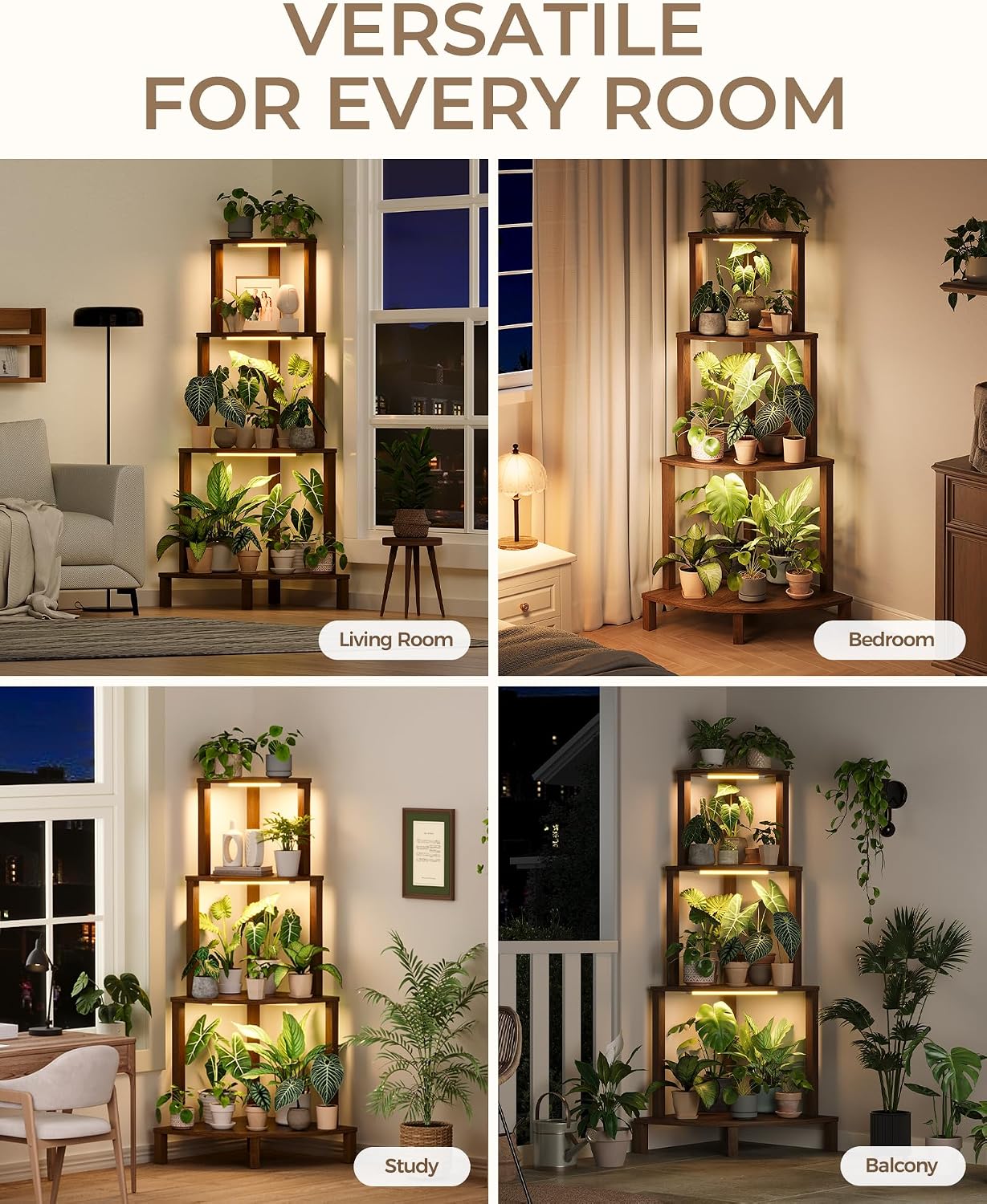 Bamworld Corner Plant Stand with Grow Lights 4-Tier Plant Stand Indoor Wood Plant Stand with Grow Light Tall Shelves
