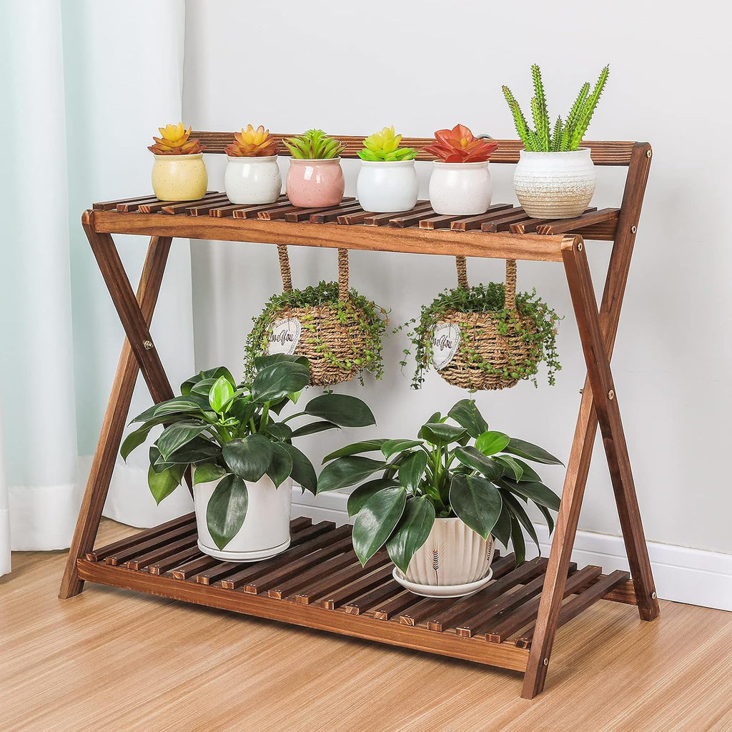 Indoor Plant Stand Shelf for Multiple Plants Hanging 2 Tier Wood | Outdoor Flower Pot Stand Holder with Planter Hanger