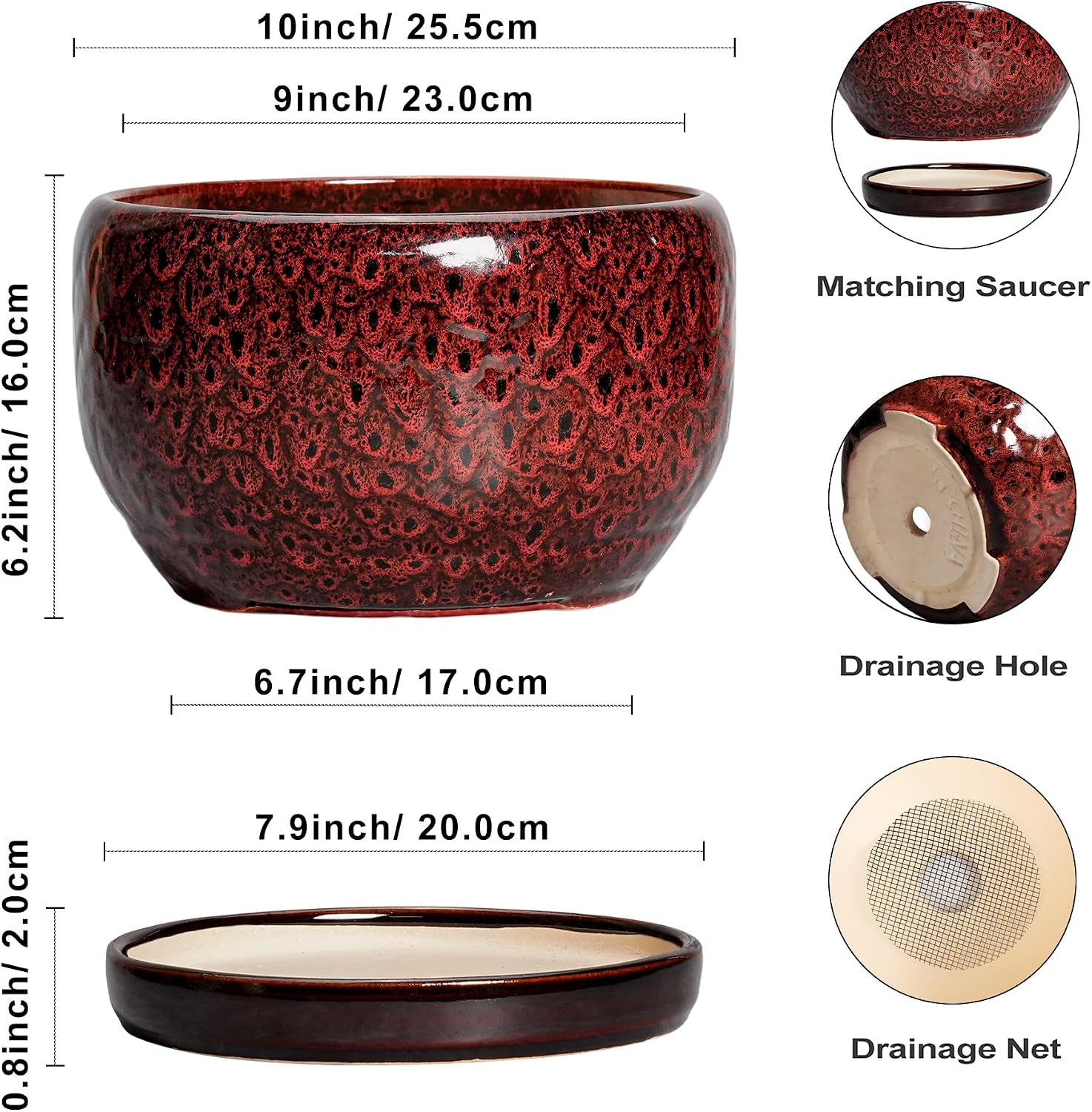 SQOWL Ceramic Flower Pots - 10 Inch Plant Pot Indoor, Ceramic Planter with Drainage Hole and Saucer, Round Decorative