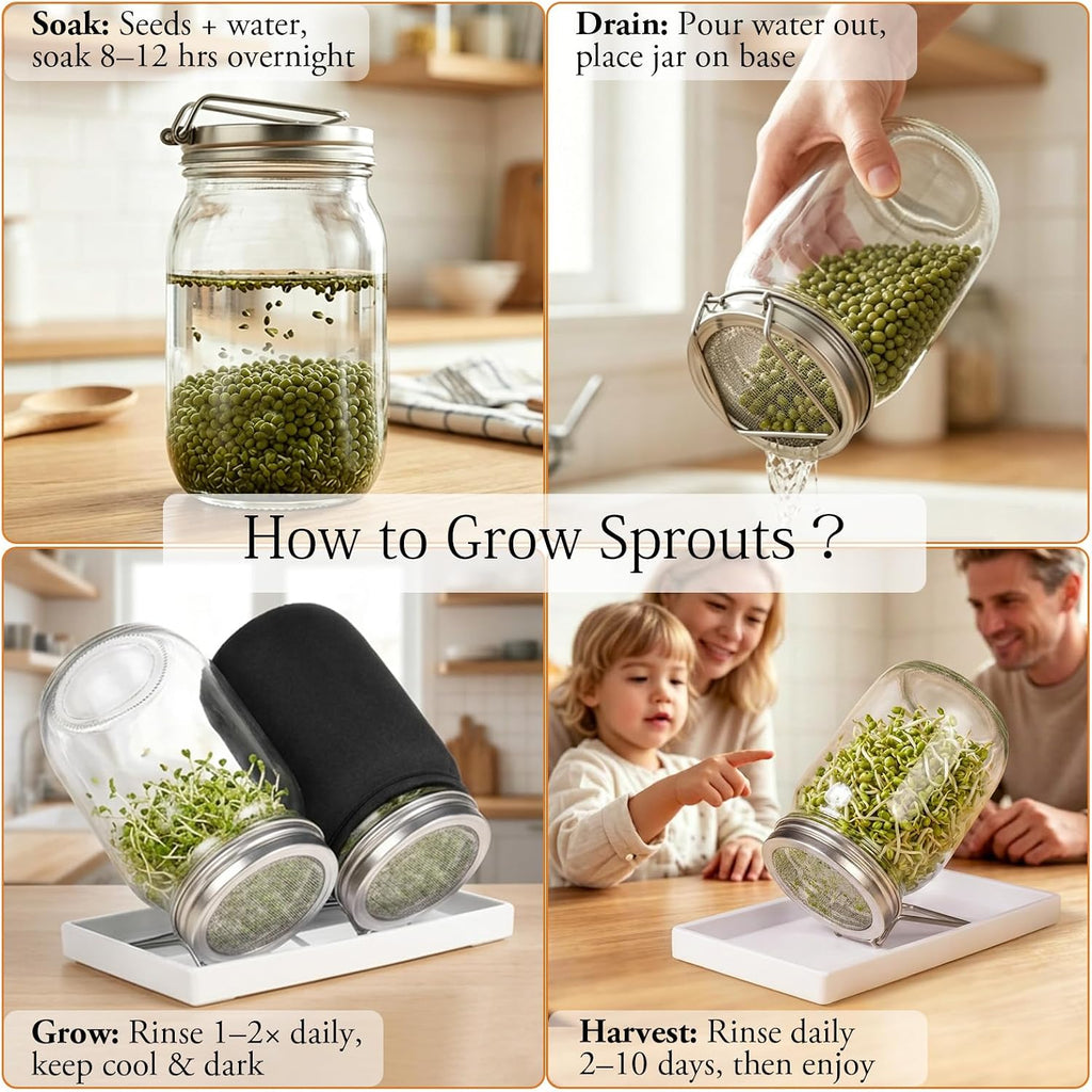 SheeChung 2 Pack Sprouting Jar Kit with Stainless Steel Sprouting Lids | 32 Oz Wide Mouth Mason Jars Sprouting Kit with