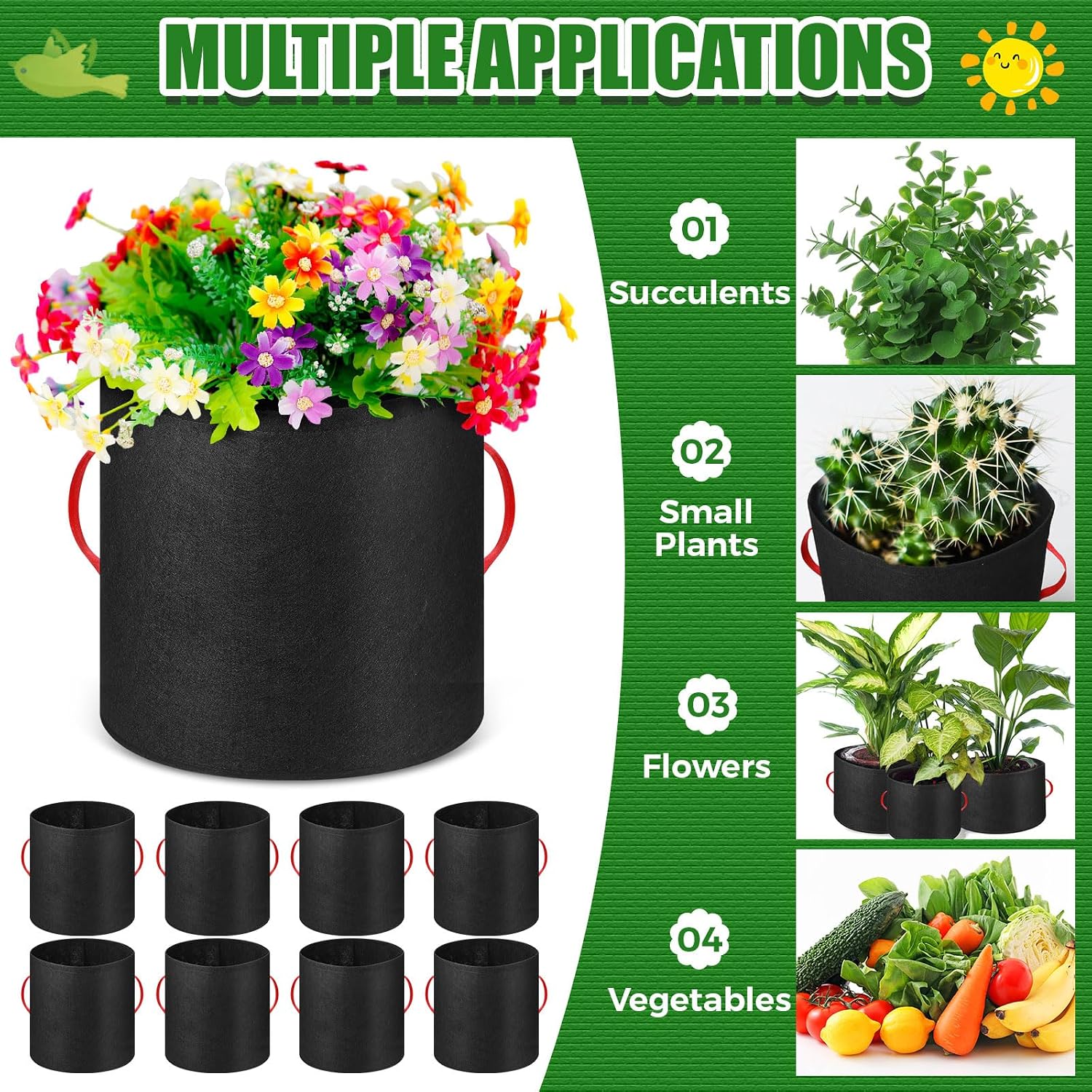 Nuenen 8 Pack 75 Gallon Plant Grow Bags Bulk Breathable Nonwoven Fabric Pot with Handles Heavy Duty Nursery Vegetable