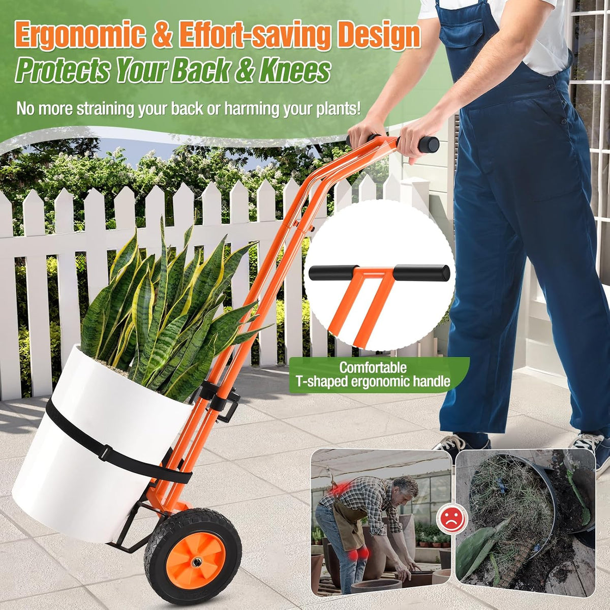 Plant Caddy with Wheels, Heavy Duty Plant Mover Cart with Adjustable Grabbing Arm and Strap, 175 LBS T-Handle Plant