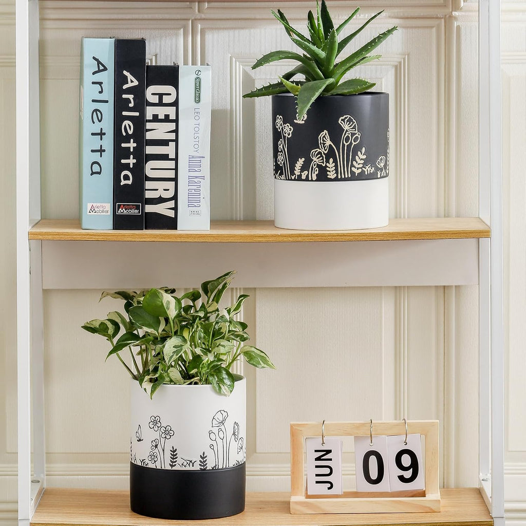 Nihow Self Watering Pots for Indoor Plants,6 Inch,White,Hand Painting | Ceramic Planter, Drainage Hole & Water Storage