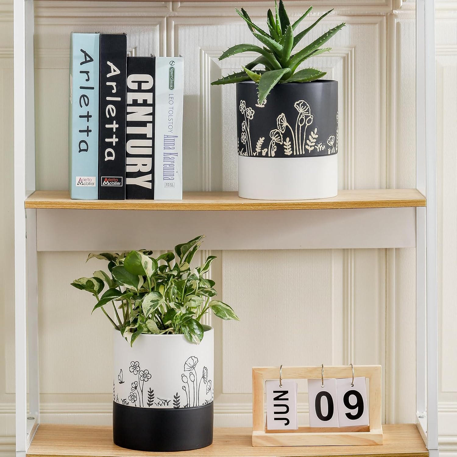 Nihow Self Watering Pots for Indoor Plants,6 Inch,White,Hand Painting | Ceramic Planter, Drainage Hole & Water Storage