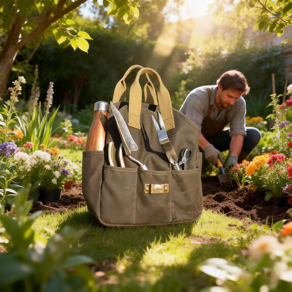 Waxed Canvas Garden Tool Bag Heavy Duty Yard Storage Florist Tote Organizer | Multipurpose, Waterproof Work Caddy