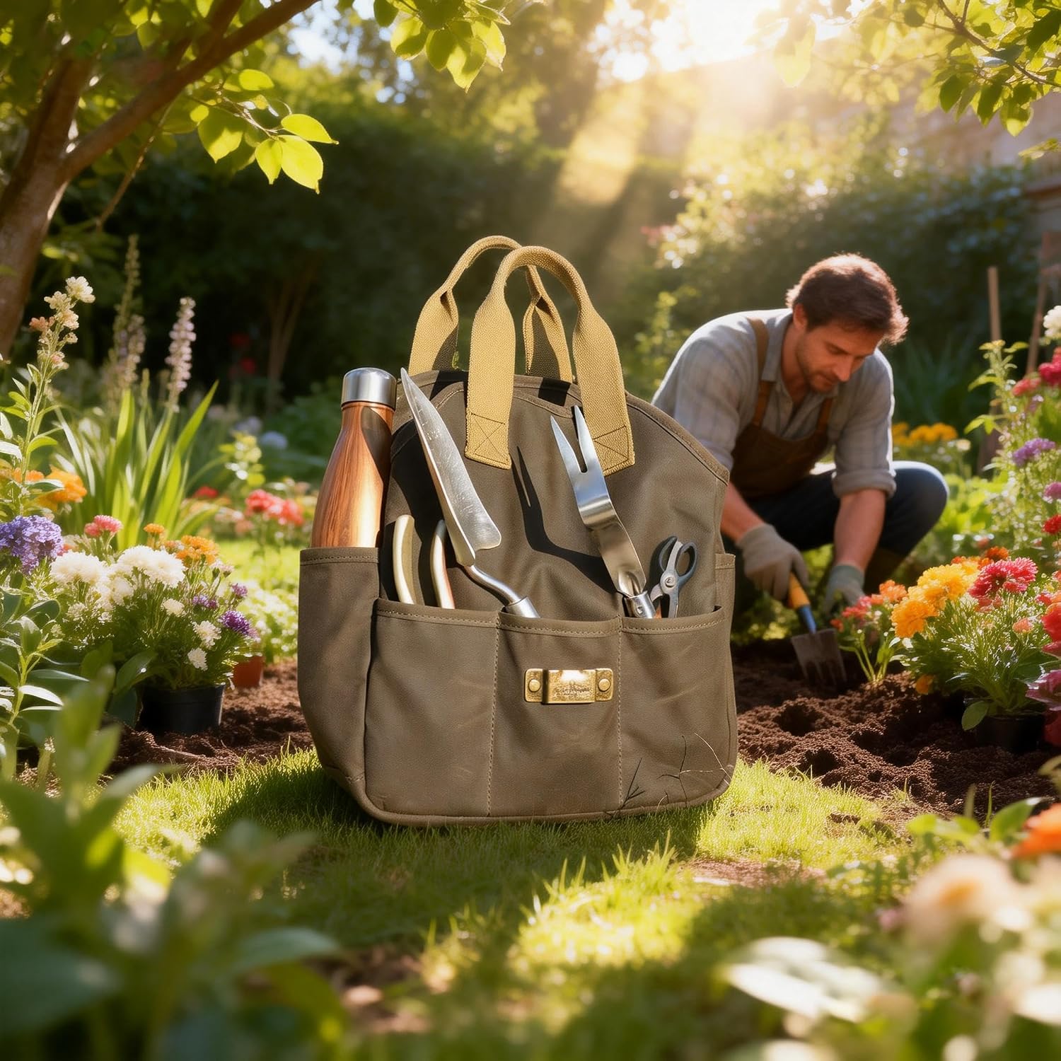 Waxed Canvas Garden Tool Bag Heavy Duty Yard Storage Florist Tote Organizer | Multipurpose, Waterproof Work Caddy
