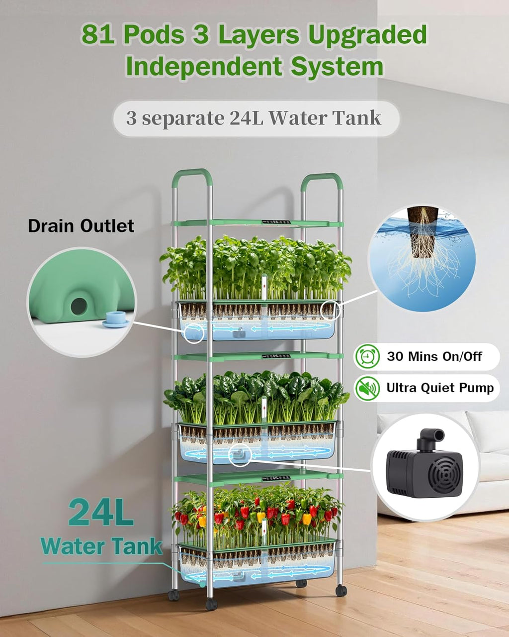 Growell Large Hydroponics Growing System Kit, 81 Pods Vertical Indoor Herb Garden Kit with LED Grow Light & Independent
