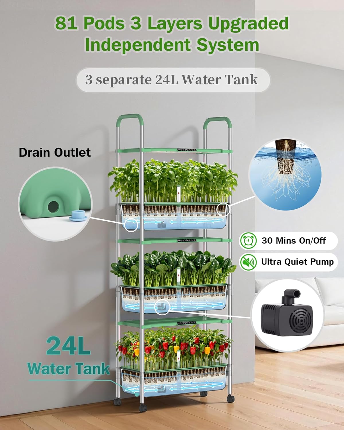 Growell Large Hydroponics Growing System Kit, 81 Pods Vertical Indoor Herb Garden Kit with LED Grow Light & Independent