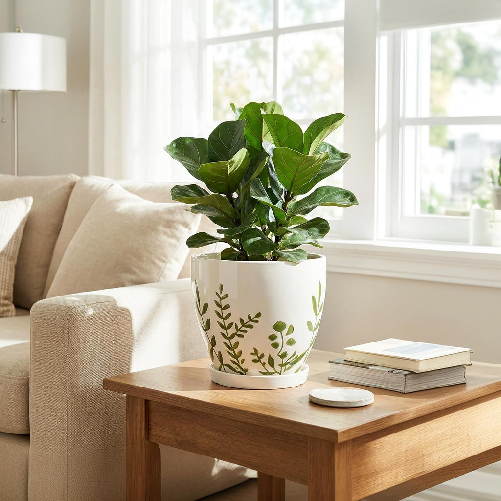 Ceramic Pot for Plants 8.2 Inch - Indoor Plant Pot with Drainage Hole and Saucer, Decorative Boho Round Outdoor