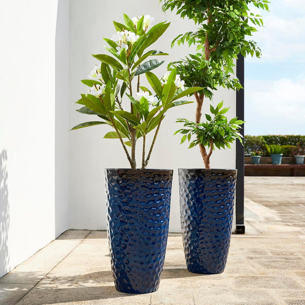 Glitzhome 23.75" H Oversized Tall Planter,Modern Set of 2 Honeycomb Textured Gradient Cobalt Blue Round Garden Plant