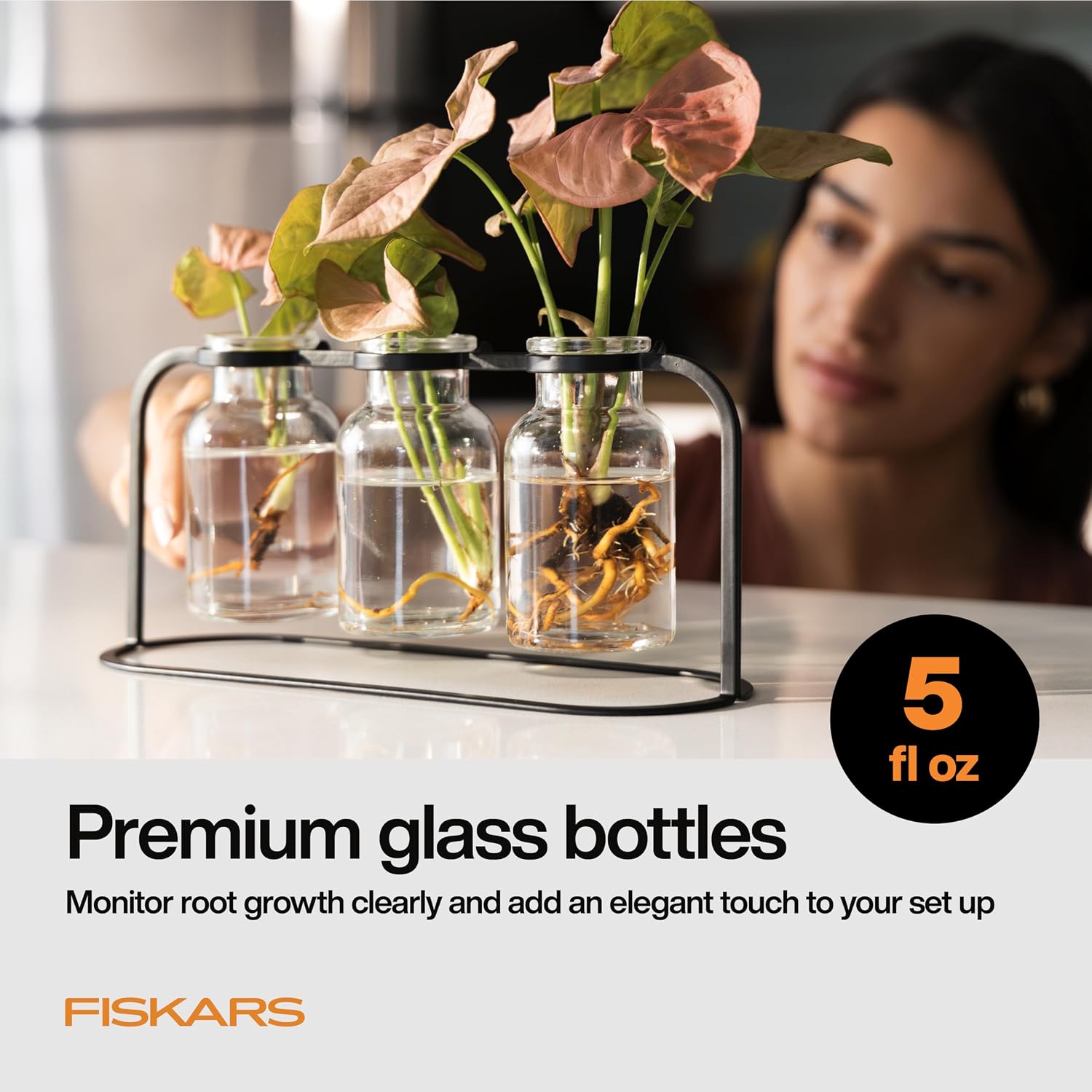 Fiskars Plant Propagation Station, Hydroponic System for Indoor Gardening | Glass Test Tube Vases w/ Metal Rack &