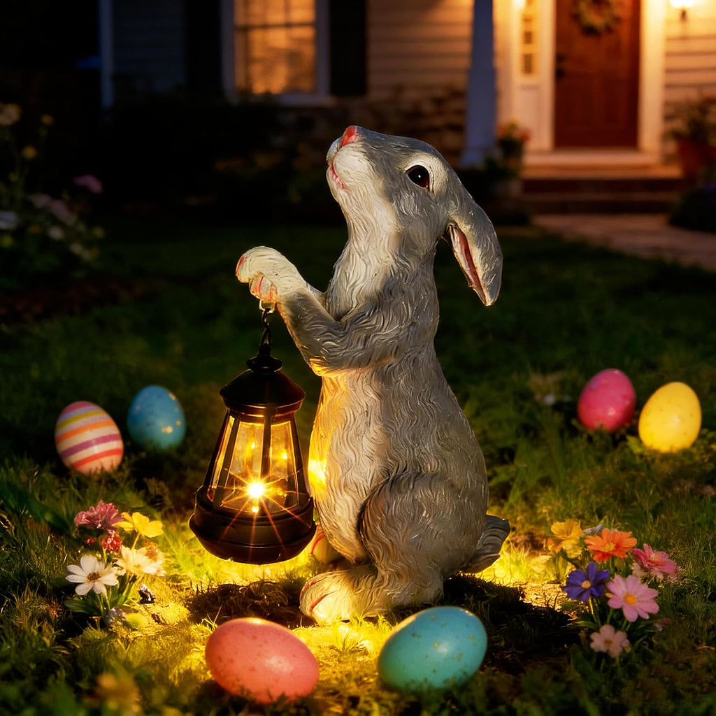 11.8 Inch Solar Rabbit Statue with Glowing Lantern, Handcrafted Resin Easter Bunny Figurine, Waterproof Outdoor Garden