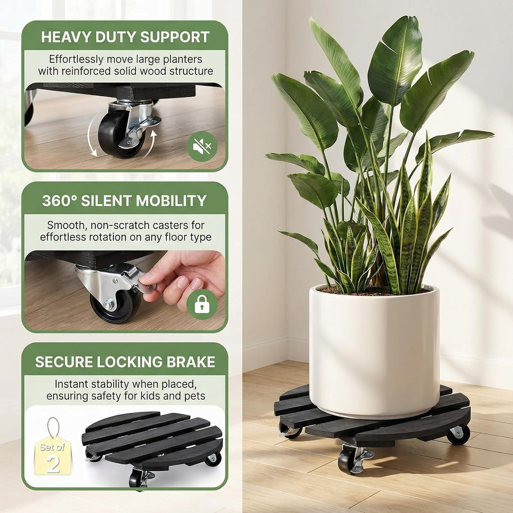 Plant Caddy with Wheels, 12 Inch Rolling Plant Stand, 2 Pack, Black | Heavy Duty Wooden Plant Dolly with Locking