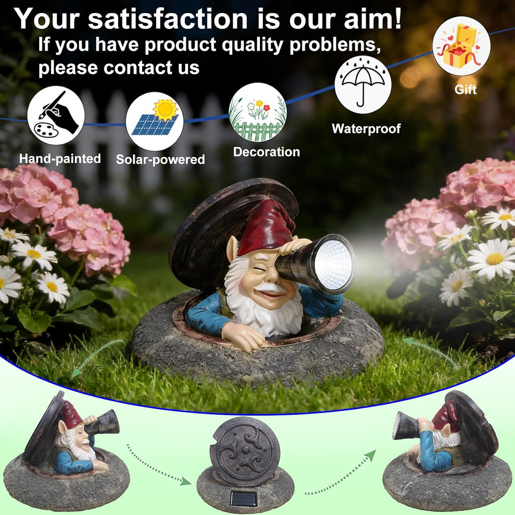 Solar Garden Gnome Outdoor Decor, Funny Gnome Statue Peeking from Manhole Cover, Waterproof Resin Figurine Lights for