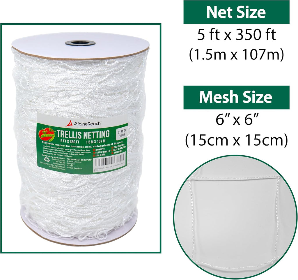 AlpineReach Trellis Netting 5 x 350 ft Heavy Duty Polyester White - 6 Inch Mesh Support Twine for Growing High Yield
