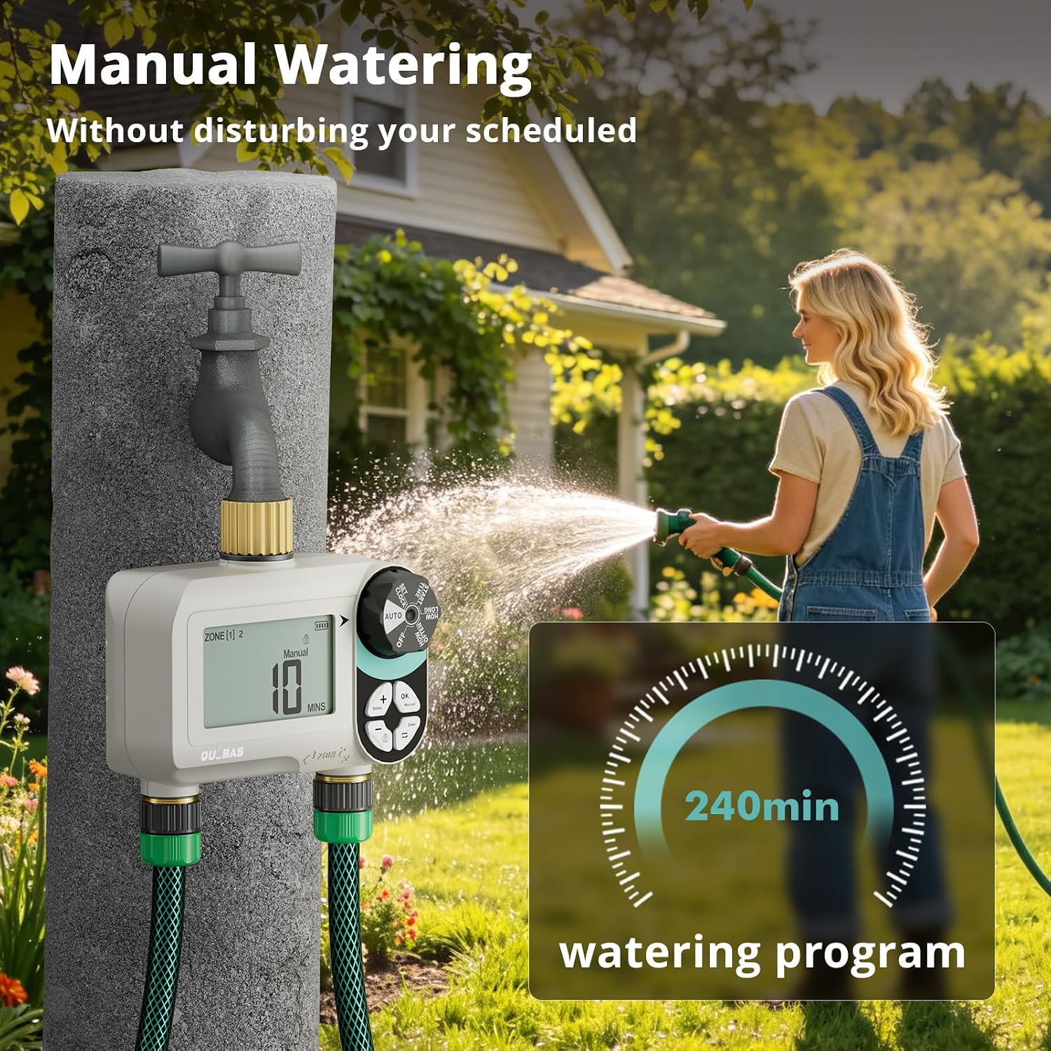 QUOBAS Zero Pressure Water Timer, Brass Sprinkler Timer for Garden Hose | Programmable Hose Timer with Child Lock