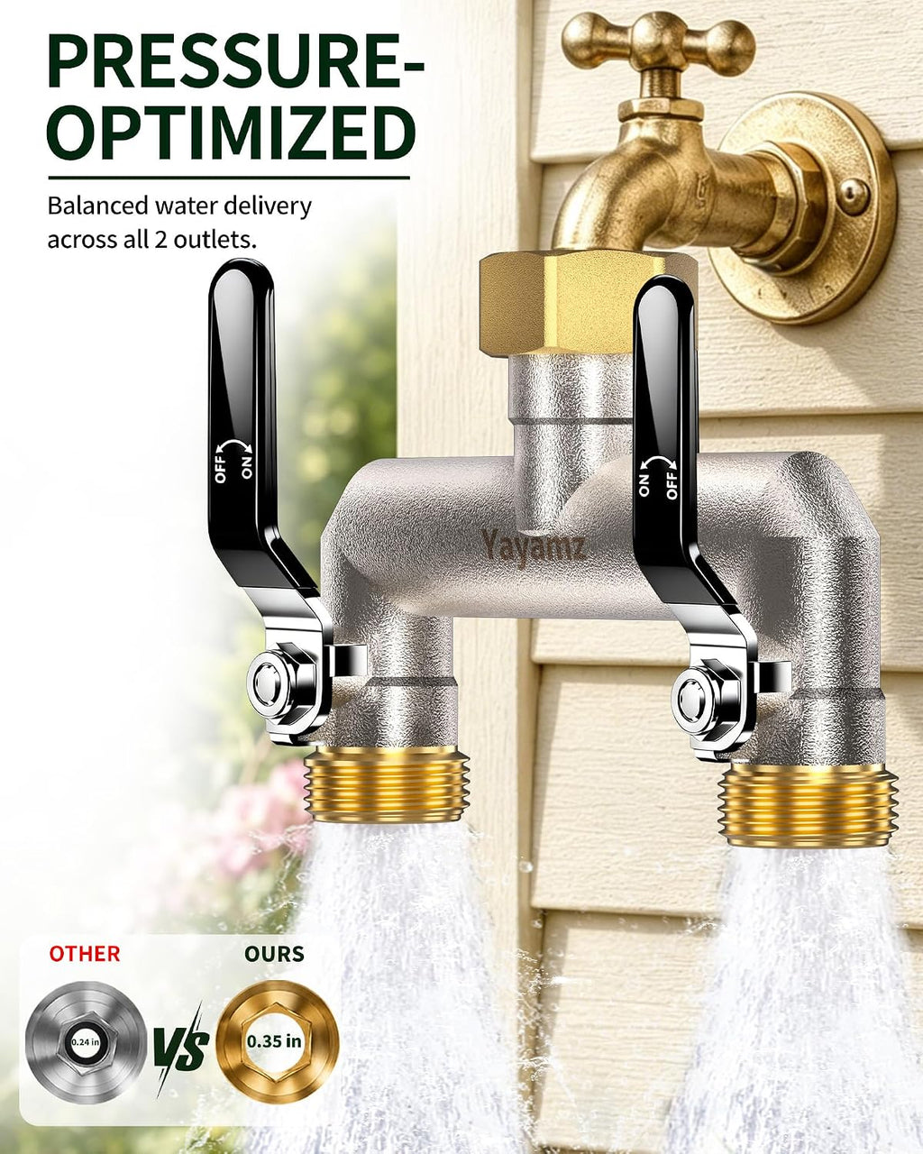 2 Way Garden Hose Splitter, 3/4" GHT Outdoor Faucet Splitter | Heavy-duty Solid Brass Body, Easy-turn Handles &