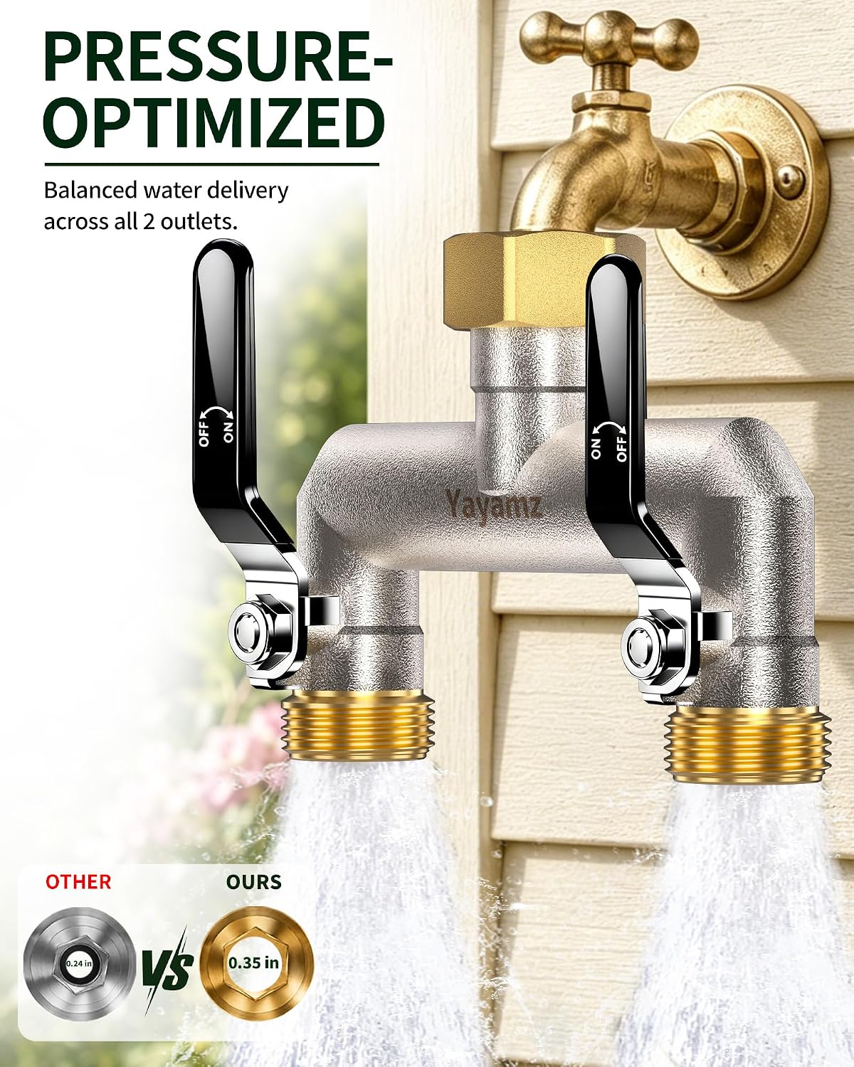 2 Way Garden Hose Splitter, 3/4" GHT Outdoor Faucet Splitter | Heavy-duty Solid Brass Body, Easy-turn Handles &