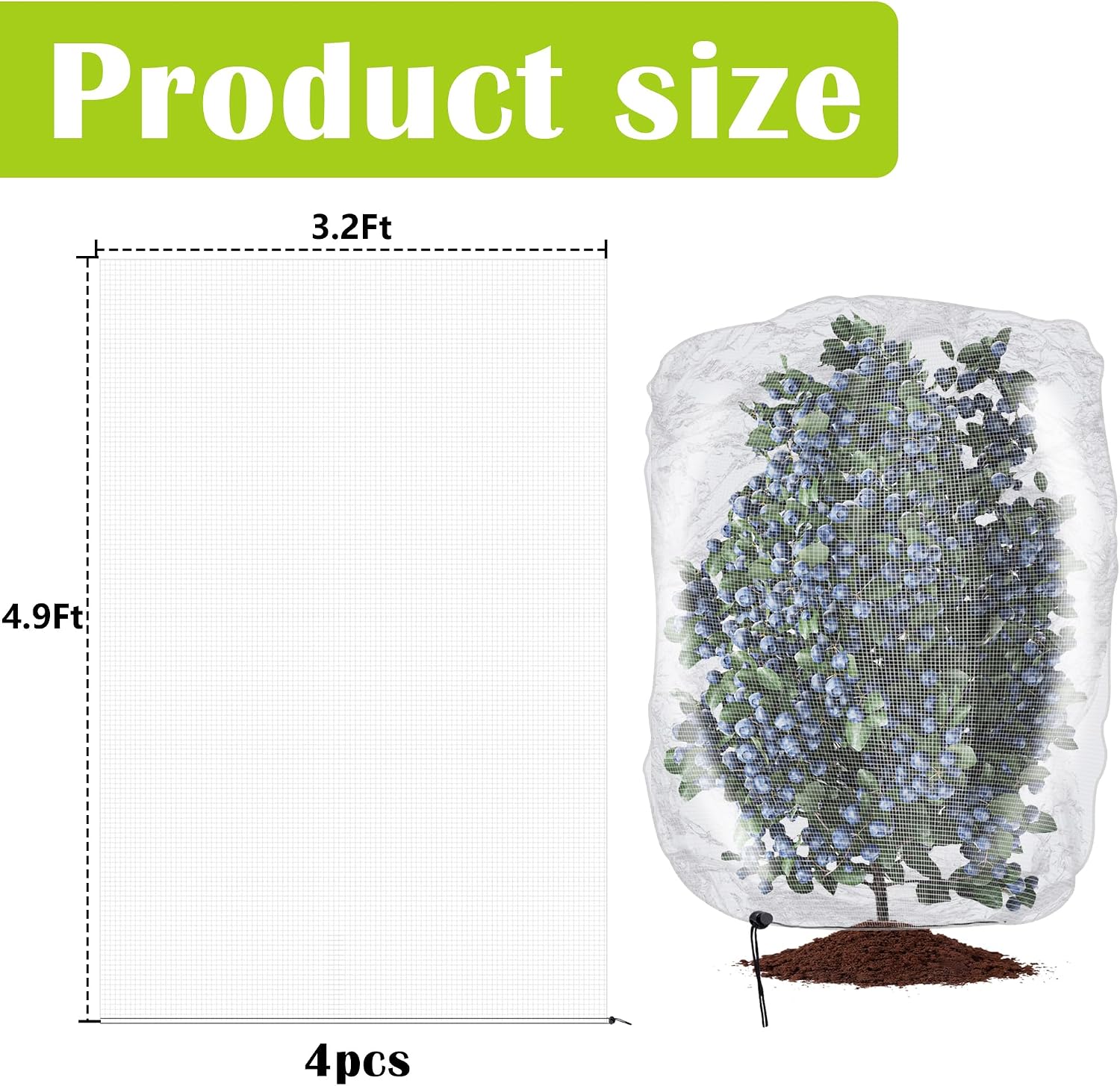 4 Pcs Insect Bird Barrier Tree Net with Drawstring, 4.9 x 3.2 Ft Garden Bird Netting Plant Cover, Fruit Tree Netting