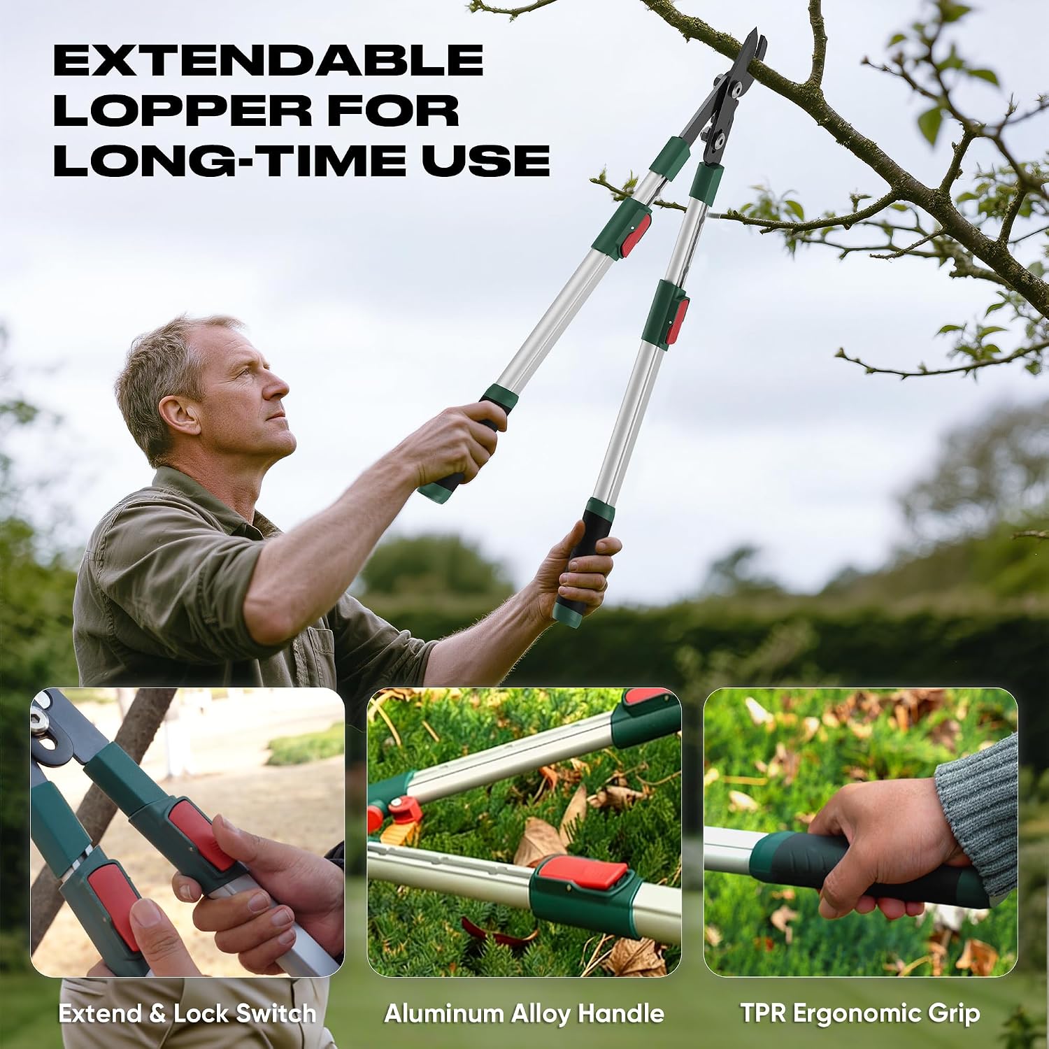 GARTOL 2-Inch Cutting Capacity Bypass Loppers, 26-33" Extendable Tree Branch Cutter, Professional Gear-Driven