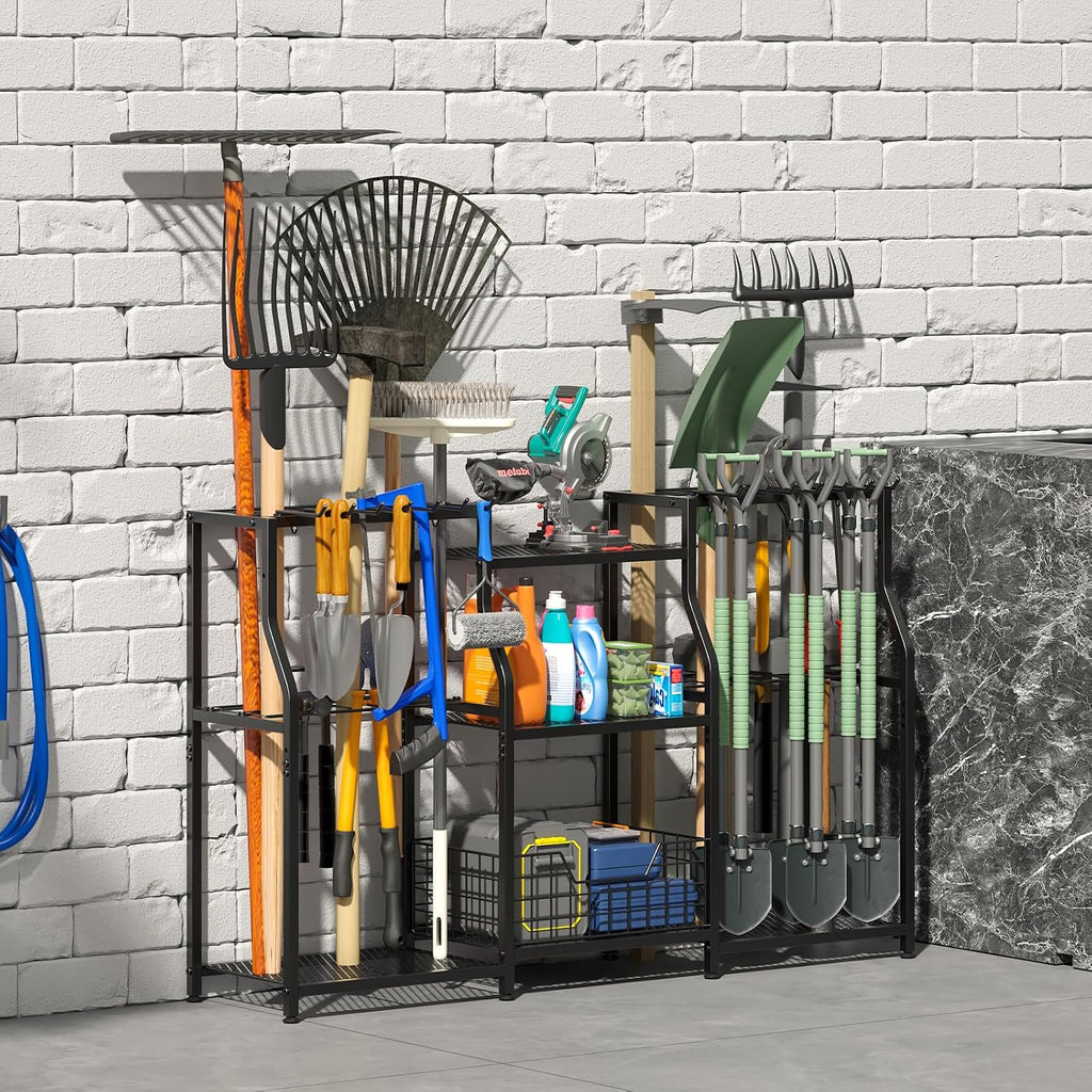 keomaisyto Garden Tool Organizer, Heavy Duty Yard Tool Tower Rack for Garage Organization and Storage, 3 Tier Utility