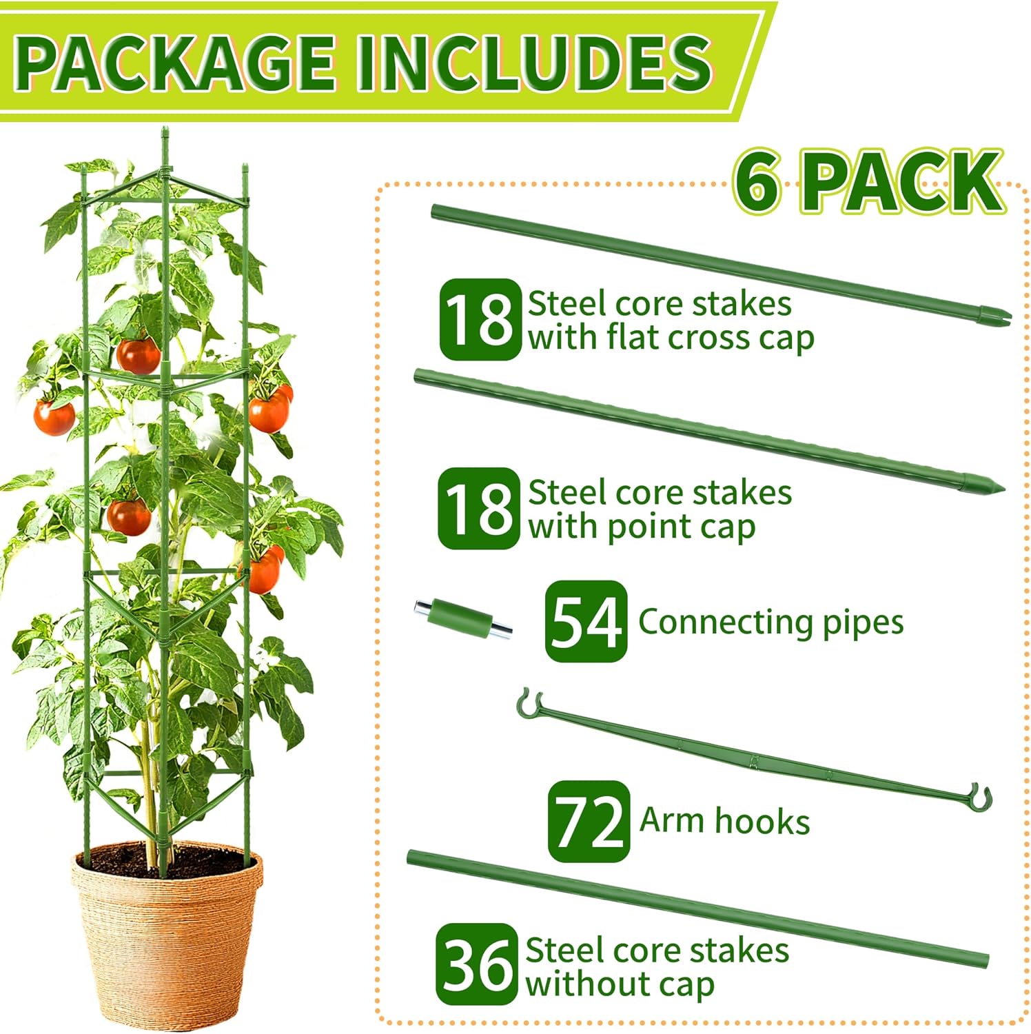 63-Inch Heavy Duty Tomato Cages, 6-Pack Extra Tall Metal Tomato Trellis, Steel Tube Plant Cage for Indeterminate