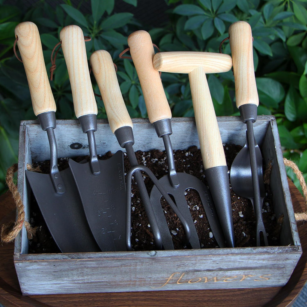 Japanese Gardening Tools Set, 6 Pcs Garden Tools Set, Black Painted Stainless Steel Heavy Duty Gardening Tools Kit