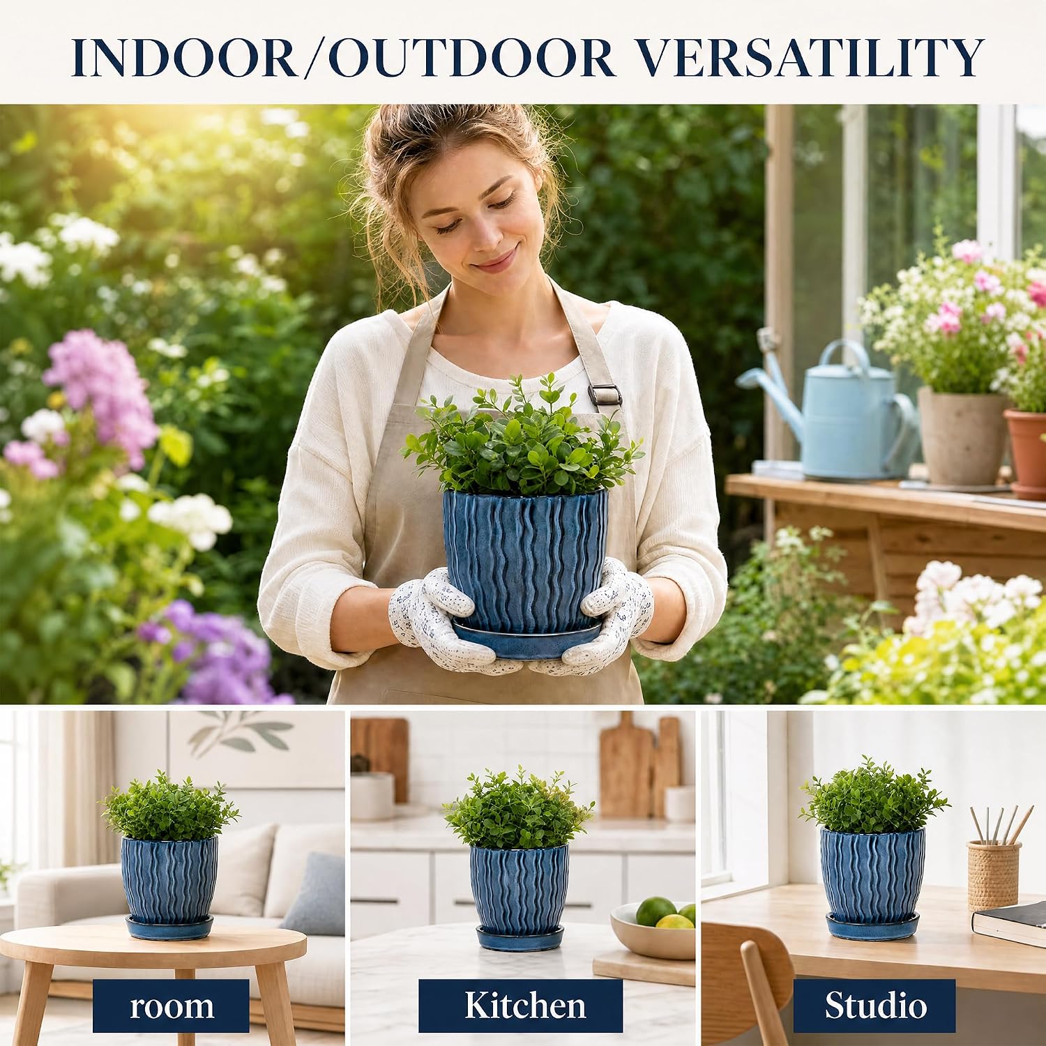Ceramic Plant Pots, Modern Flower Pots, Small Plant Pots 4.5+5.5inch | Flower Pots Indoor Planters with Drainage and