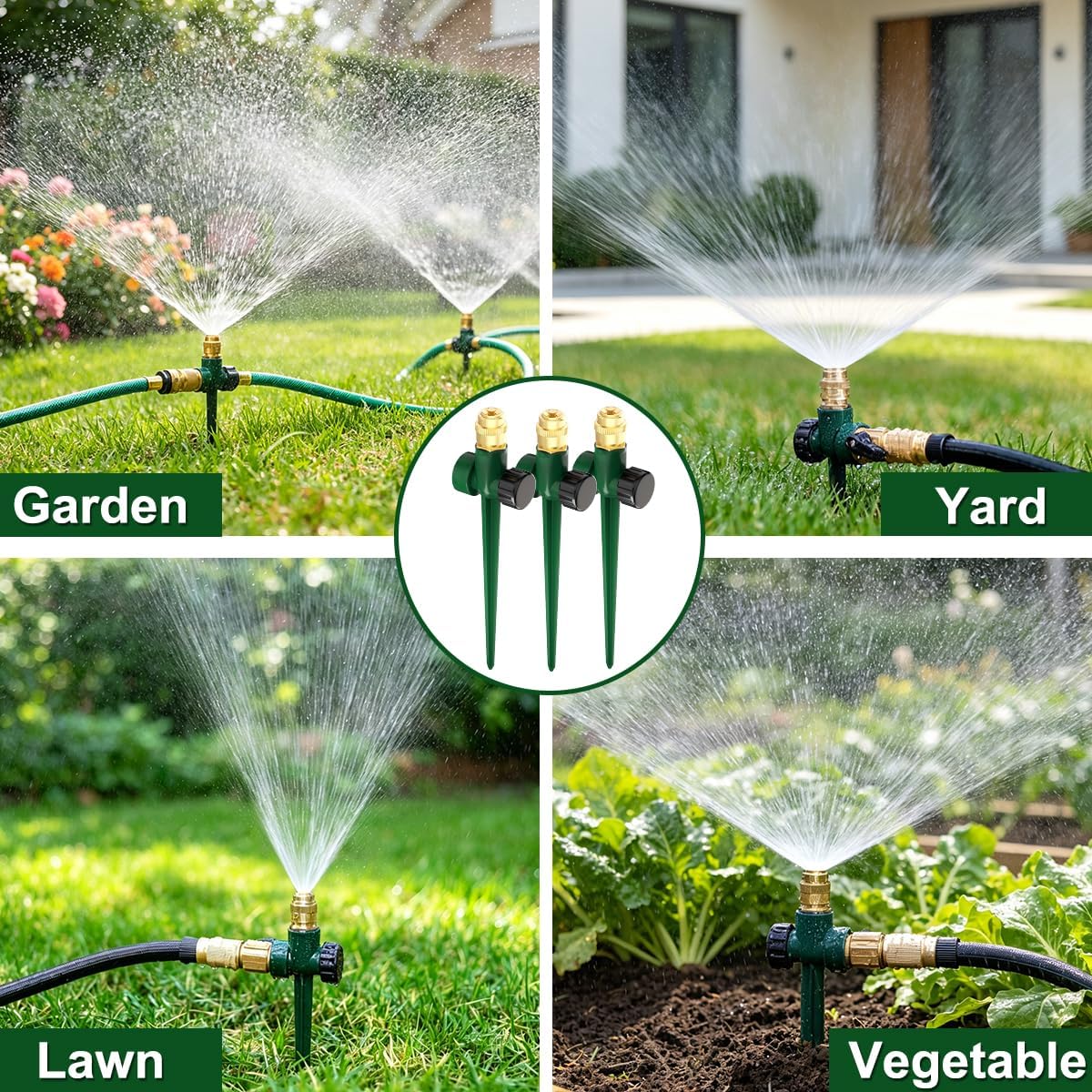 FANHAO 3-Pack Heavy-Duty Metal Lawn Sprinkler for Yard, 360° Adjustable Garden Water Sprinkler with Spike Base, Large