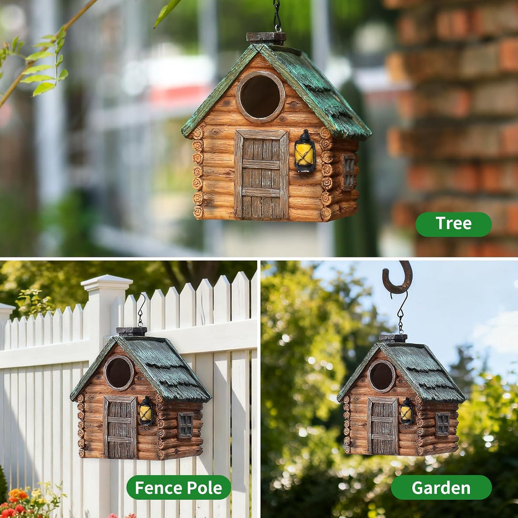 Bird Houses for Outside Real Wood-Look Resin Bird House with Hanging Chain – Waterproof & Durable Forest Birdhouses for