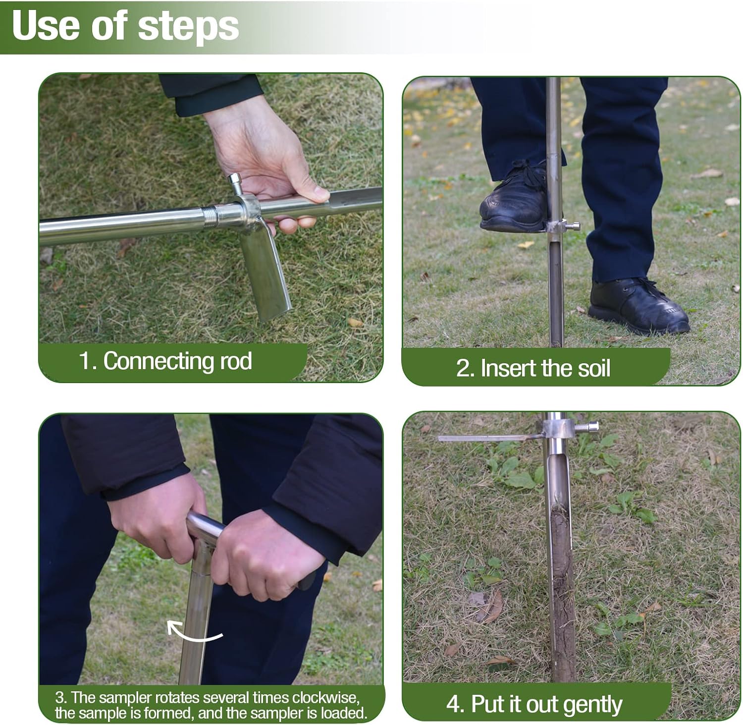 36" Soil Probe, Stainless Steel Soil Sampler Probe with Foot Pedal and Reusable Sample Bags, Soil Test Kits for Lawn