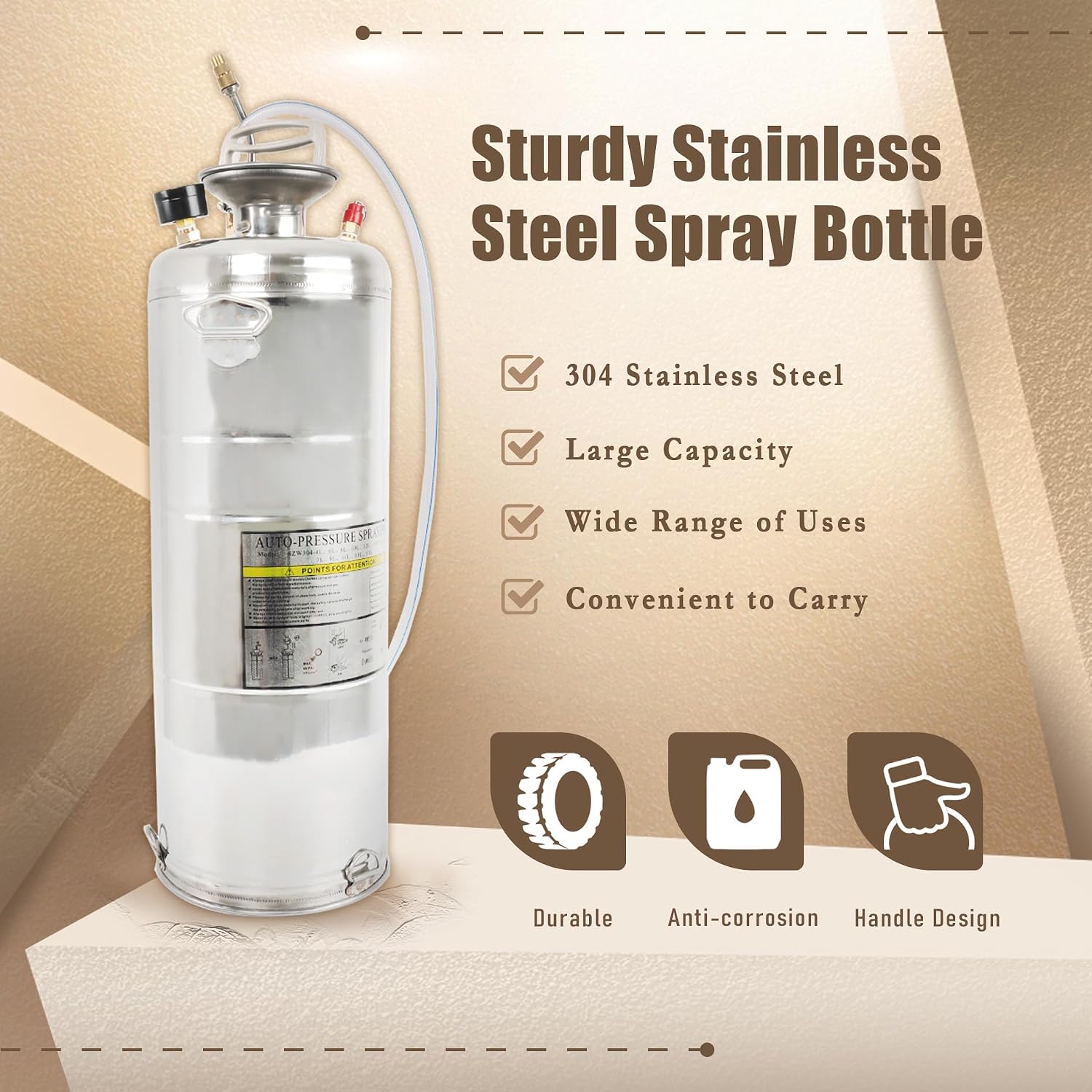 1 Gallon Stainless Steel Sprayer, 12 Wand & 3FT Reinforced Hose, Heavy Duty Hand Pump Sprayer with Pressure Gauge