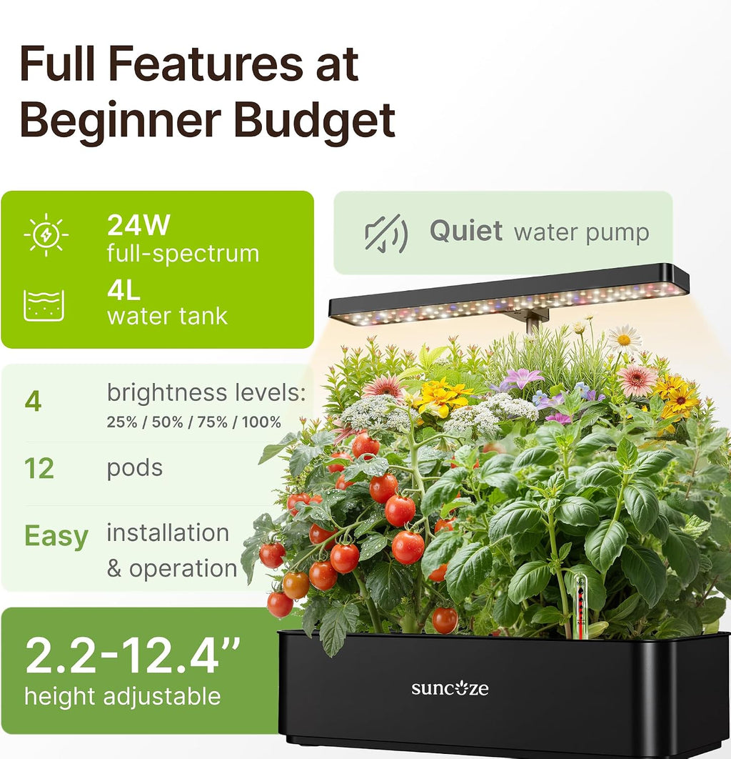 Hydroponics Growing System, Compact 12 Pods Indoor Garden, Black | 24W LED Dimmable Grow Light, 4L Water Tank with