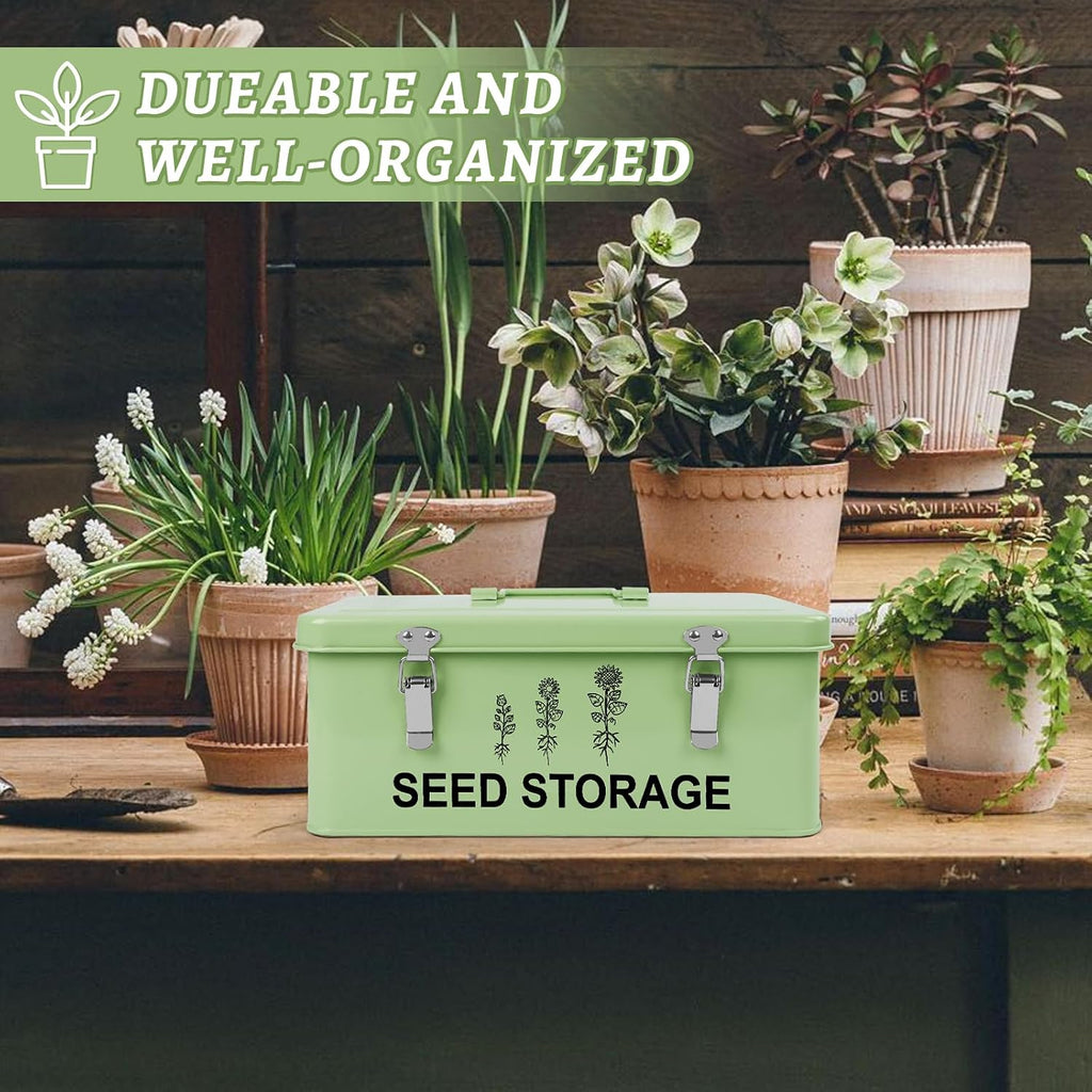 60 Slots Seed Storage Organizer, Metal Seed Box with Lid and Safety Locks | Bamboo, Strong Seal, Completely Blocks