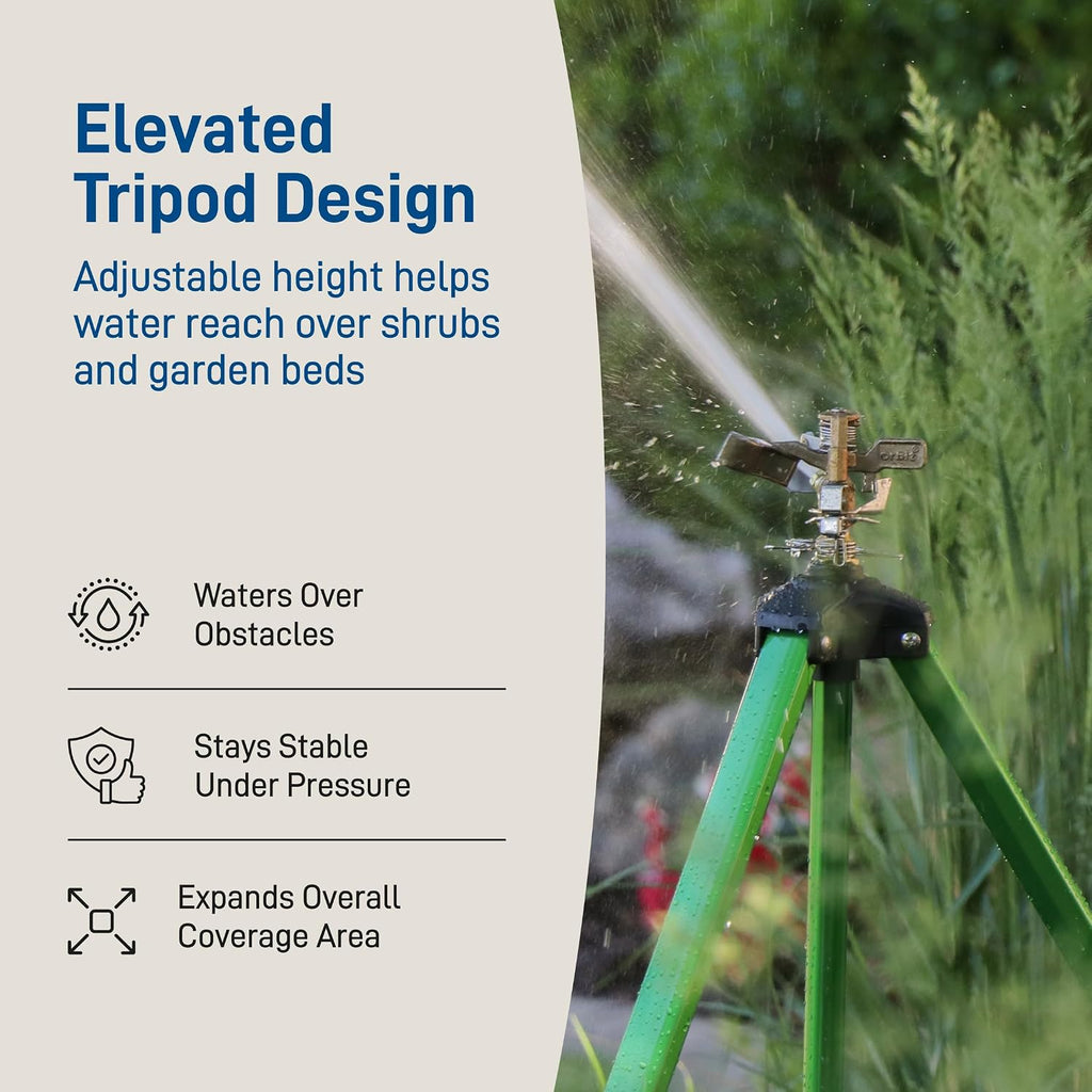 Orbit Tripod Lawn Zinc Impact Sprinkler - 360 Degree Rotating Yard Sprinkler with Adjustable Height - Heavy-Duty Zinc