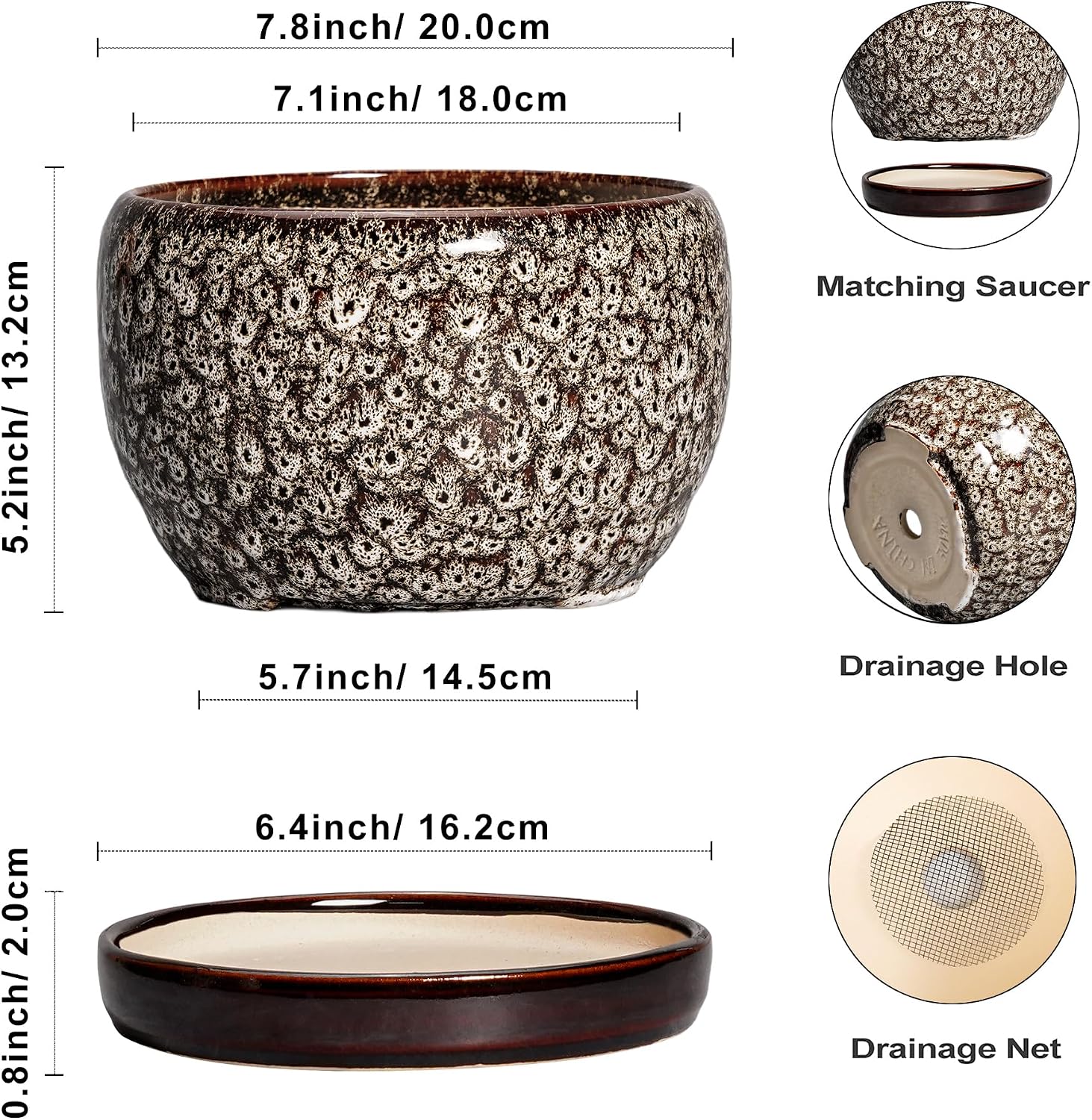 SQOWL Ceramic Planter - 8 inch Plant Pot Indoor with Drainage Hole and Plant Saucer, Round Ceramic Flower Pots Outdoor