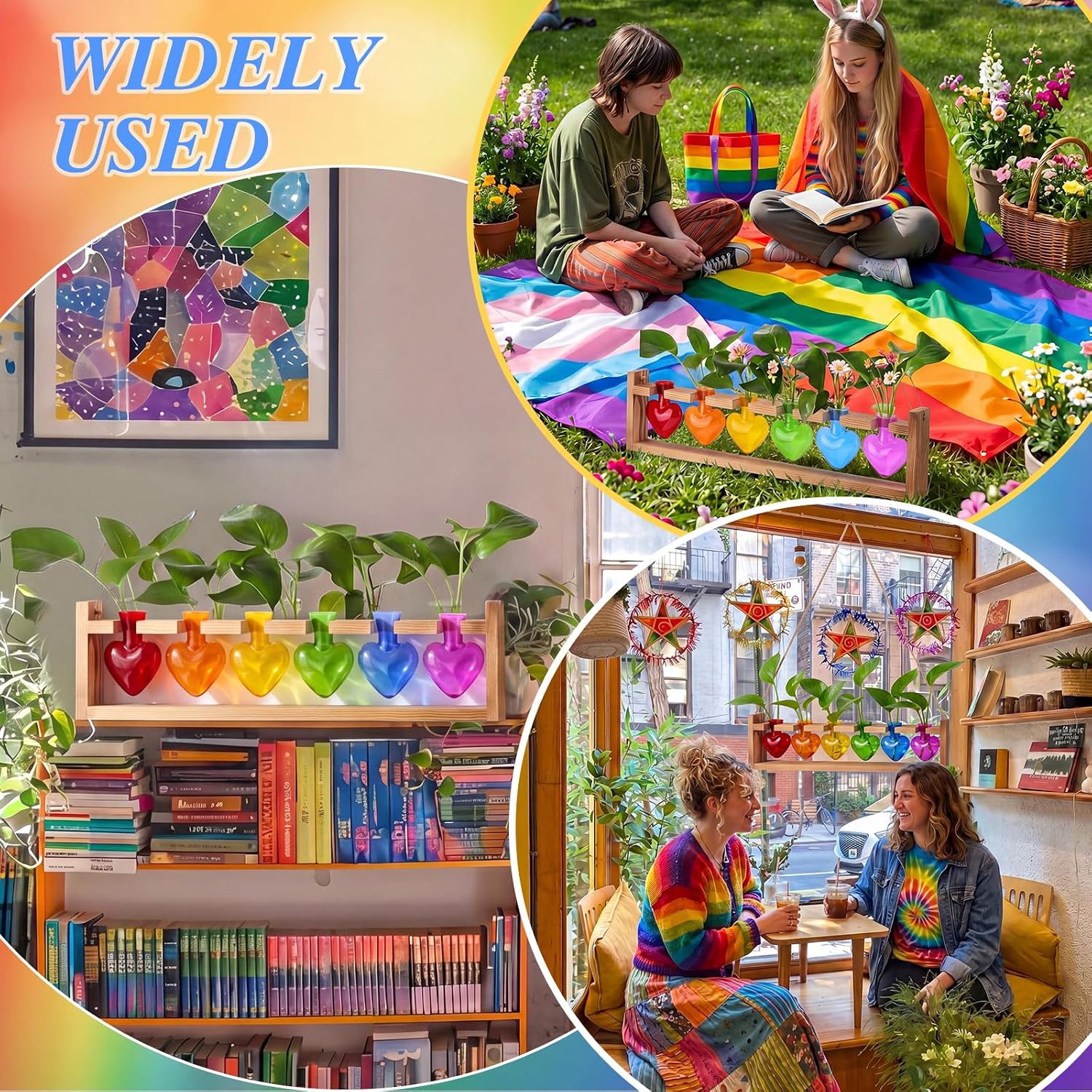 Rainbow Party Decoration Colorful Plant Terrarium with Wooden Stand 6 Heart Glass Vases Planter Propagation Station
