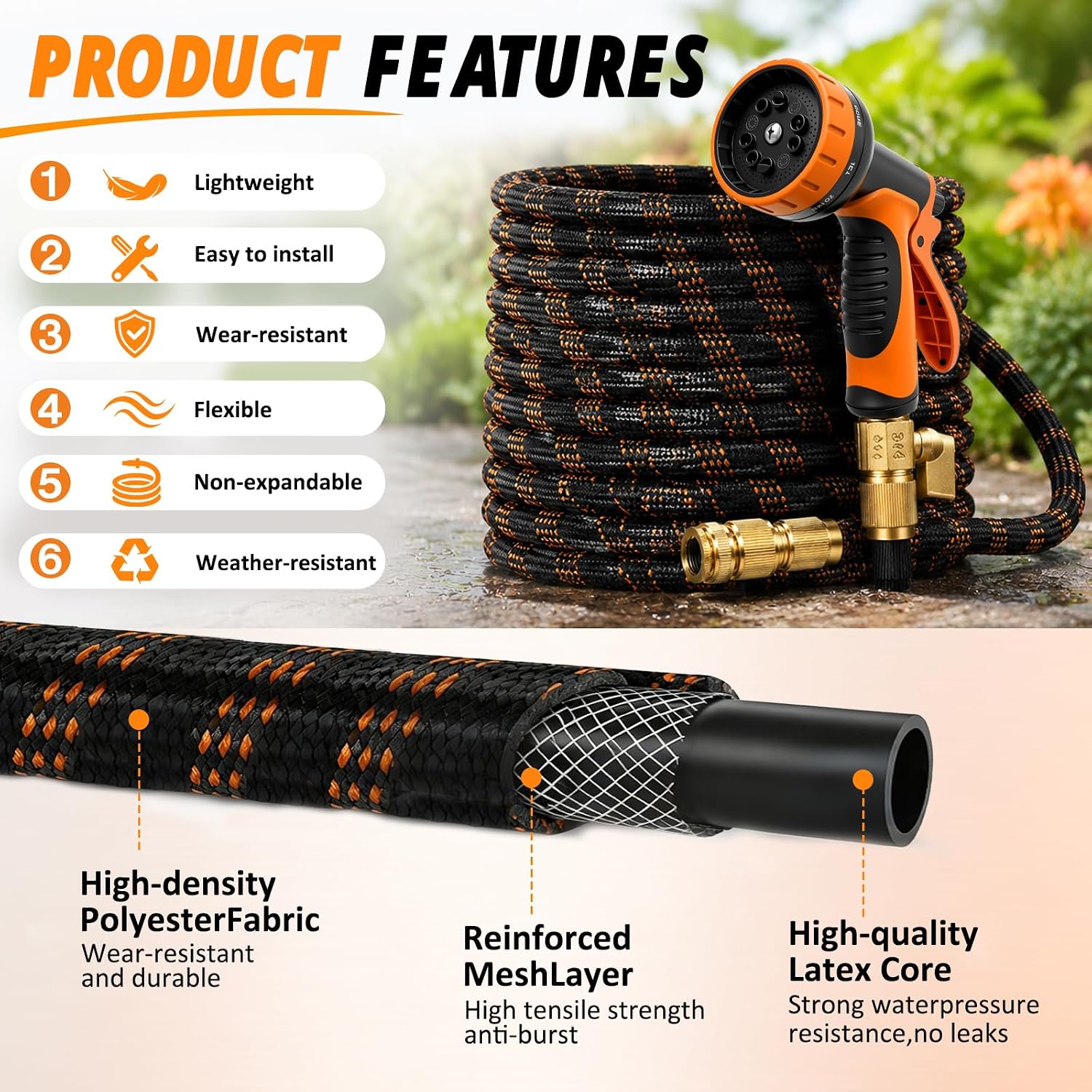 Non-Expandable Garden Hose 50FT, Ultra Lightweight Flexible Water Hose with 10-Function Spray Nozzle, Kink-Free and
