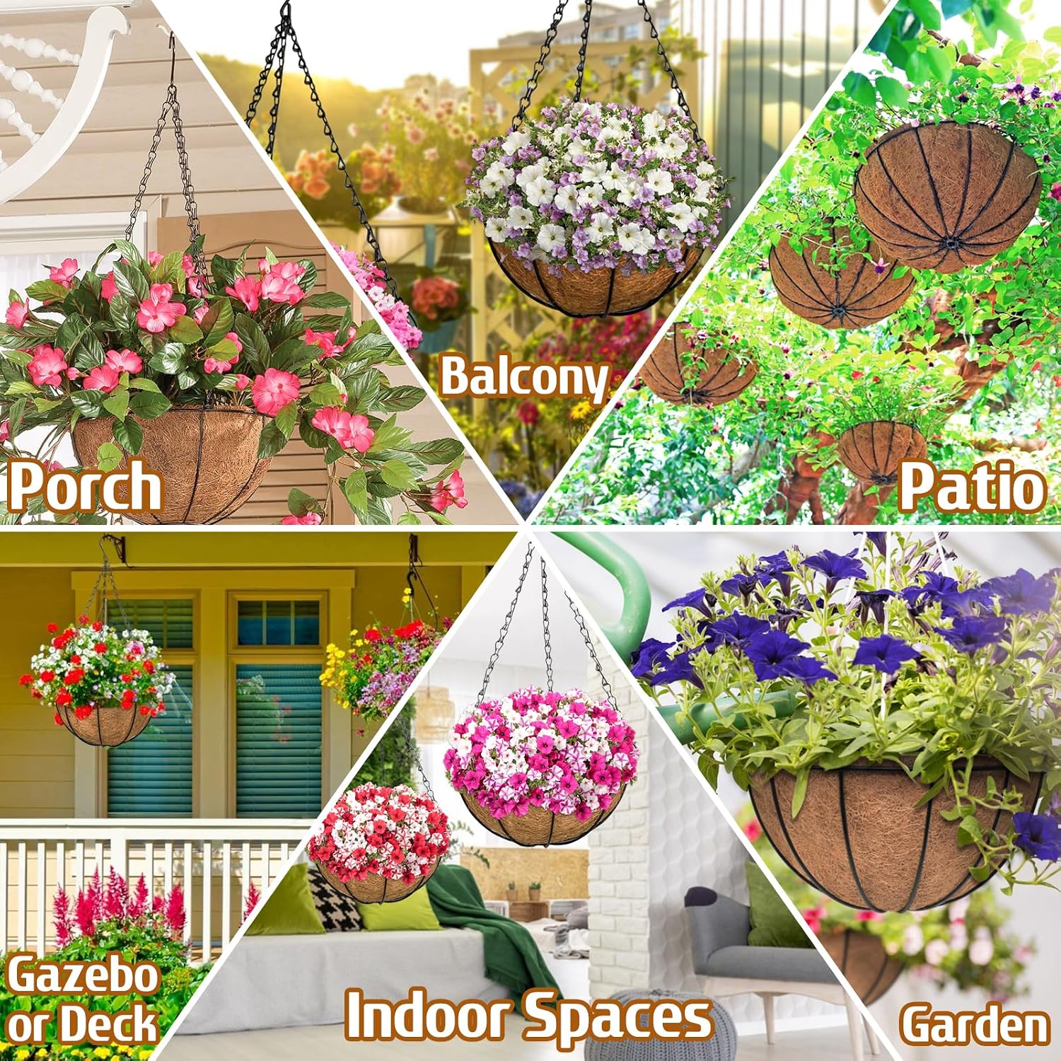 2 Pack 14 Inch Hanging Baskets for Plants Outdoor, Metal Wire Round Planters with Coco Liner, Hanging Flower Baskets