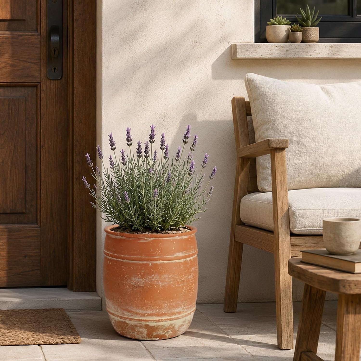 11"H x 9.5" Dia Aged Terracotta Clay Planter Pot with Drainage Hole, Rustic Farmhouse Style Flower Pot with Distressed