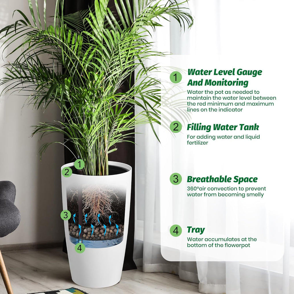 22" Tall Planter Set of 2, Self Watering Pots, Large Planter for Outdoor | Built-in Drainage and a Water Level Monitor