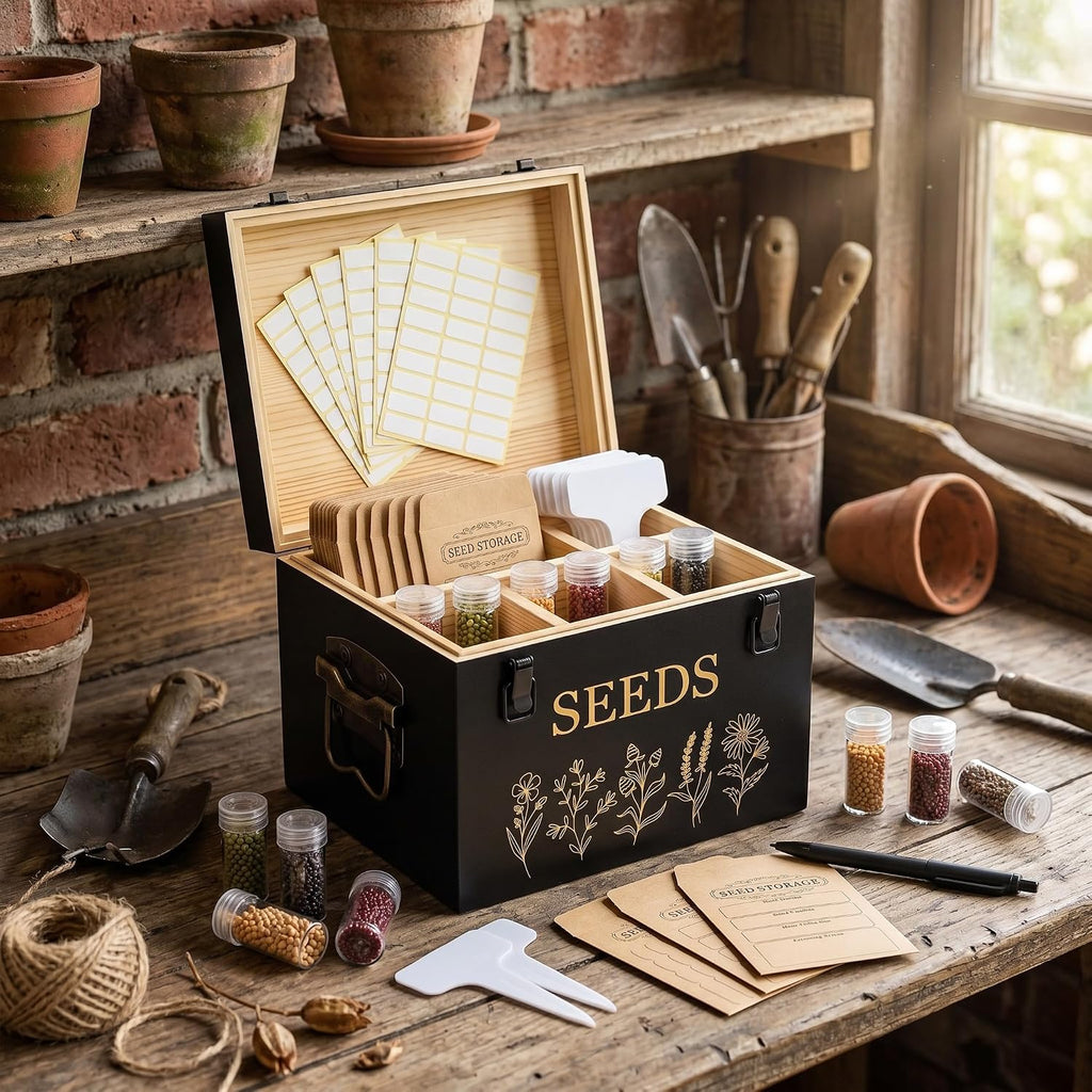 Bamboo Wood Seed Storage Organizer Box with 30 Slot & Envelopes & Labels, 40 Stickers and Pen, Seed Saving Box with Lid