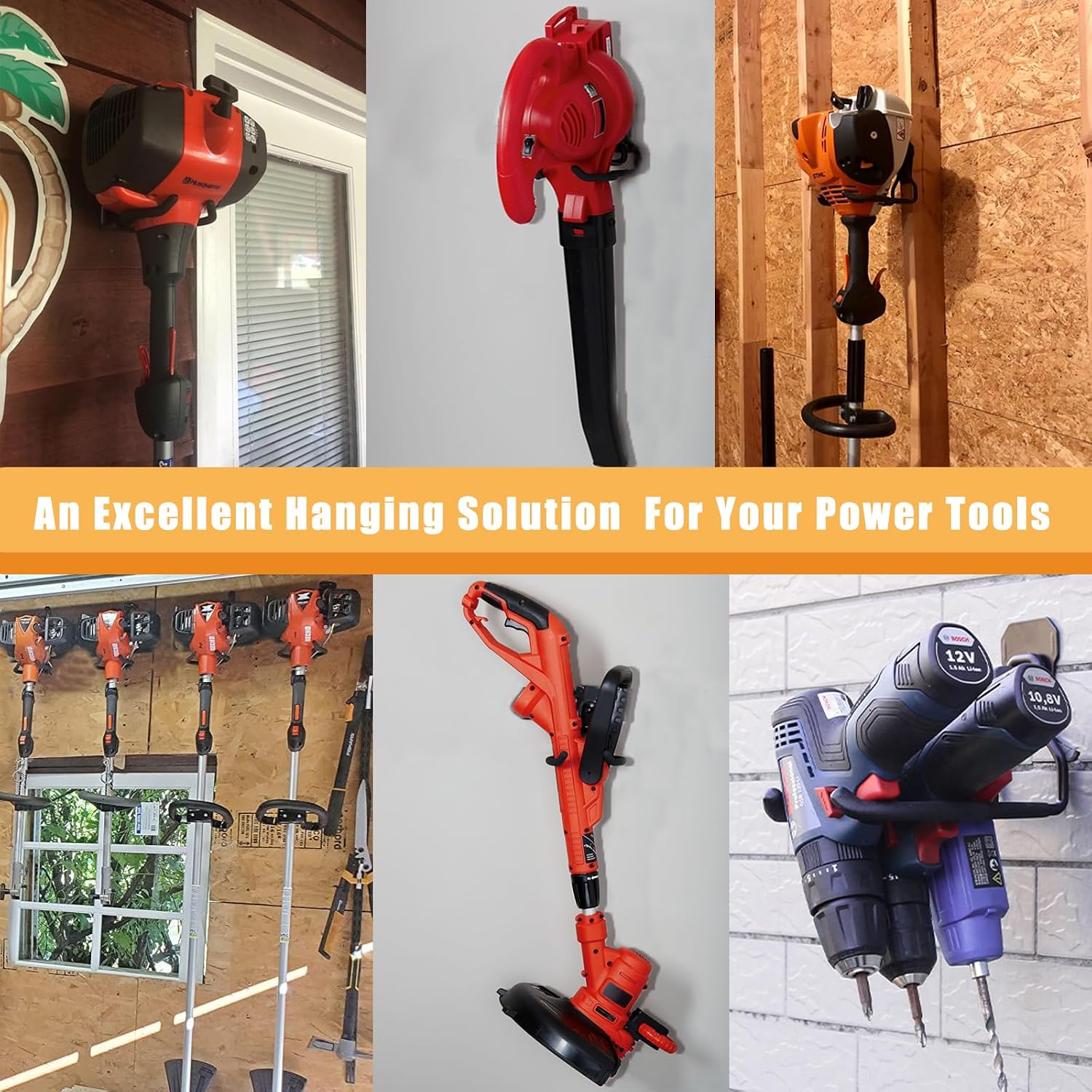 Garden Power Tool Hanger, Garage Wall Hooks, Weedeater Rack, String Trimmer Hanger, Utility Hooks for Garage Tool