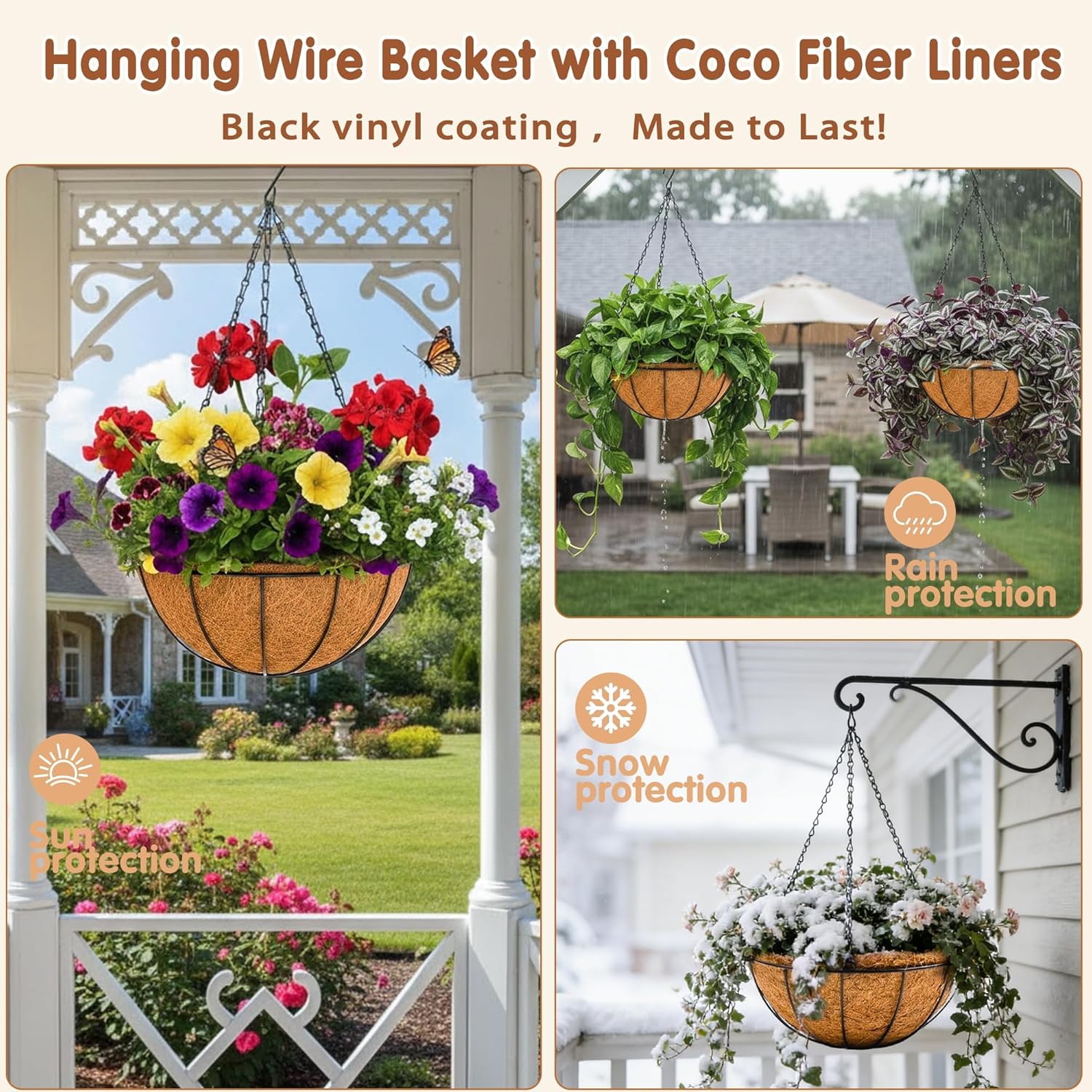 14 inch Metal Hanging Baskets For Plants Outdoor 4 Pack Round Metal Wire Hanging Basket Planter with Coco Fiber Liners
